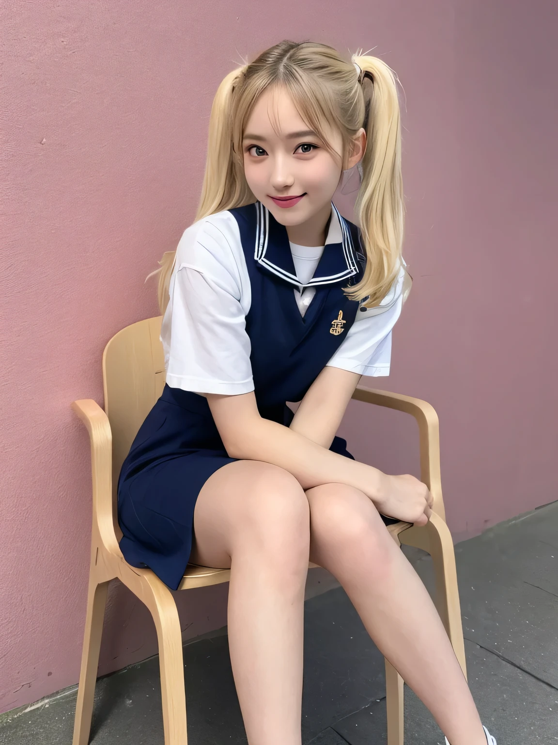 In detail,Blonde、Full body photo、 One high school girl、High resolution, high quality、Slim body、Perfect dynamic composition, Beautiful fine details, Blonde、Twin tails、Natural color lip,Kamimei、17-year-old girl、Clear Skin、Sailor suit、Navy blue mini skirt、Thighs、Shiny Hair、最high quality, figure, Very detailed, In detail, High resolution, 8k、The correct state of the human body、Sculpture model pose，Pink wall,Sitting in a chair、Thighs are visible、smile、