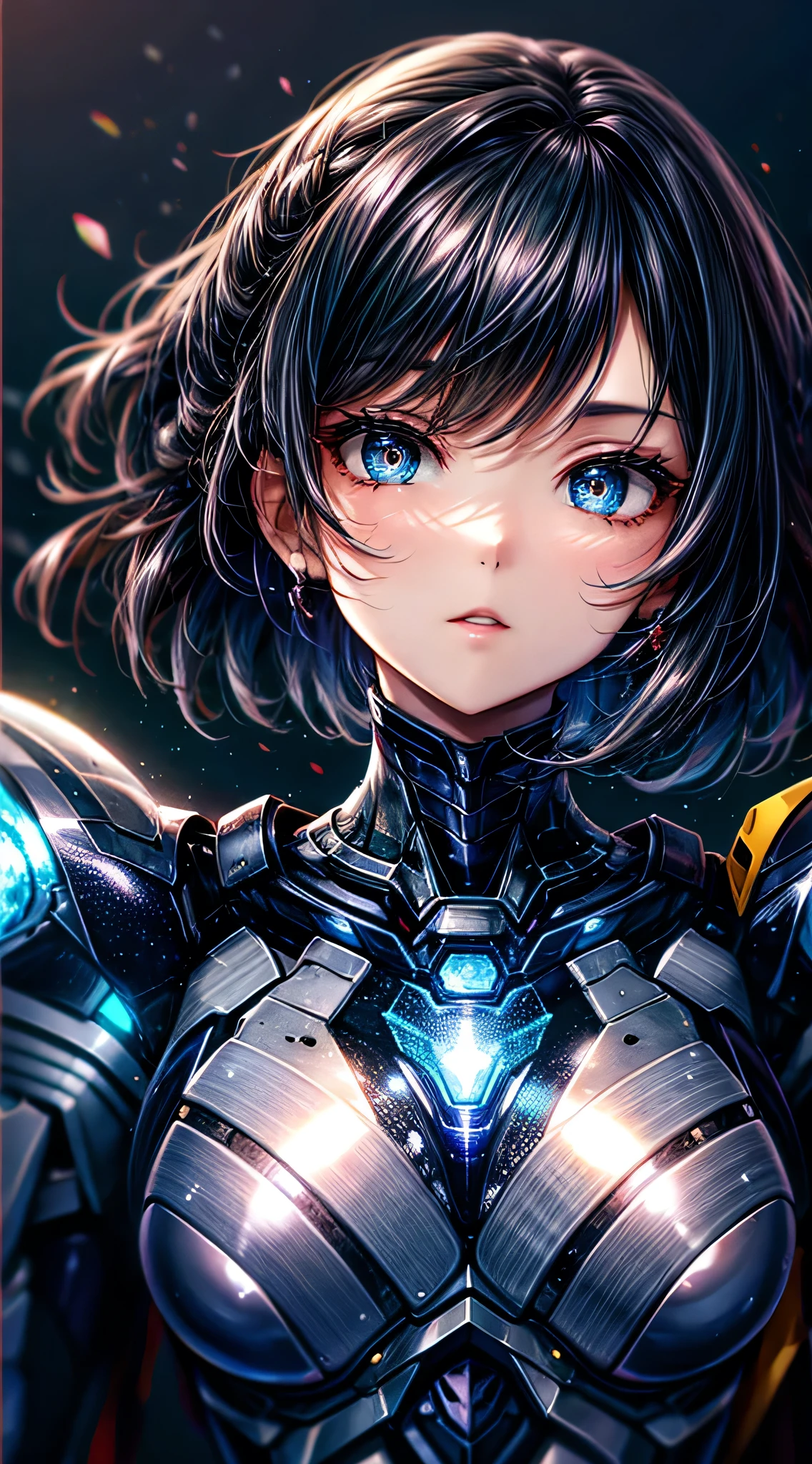 highest quality ,masterpiece, shape, Very delicate and beautiful, Very detailed ,,8k, wonderful, finely, highest quality,Very detailed,Confused, Very detailed, High resolution, Very detailed,Beautiful detailed girl,Light shines on the face, 1 girl, Mecha, armor, MechaNical Body, Black Hair, Spaceship, city, cyber punk, star,