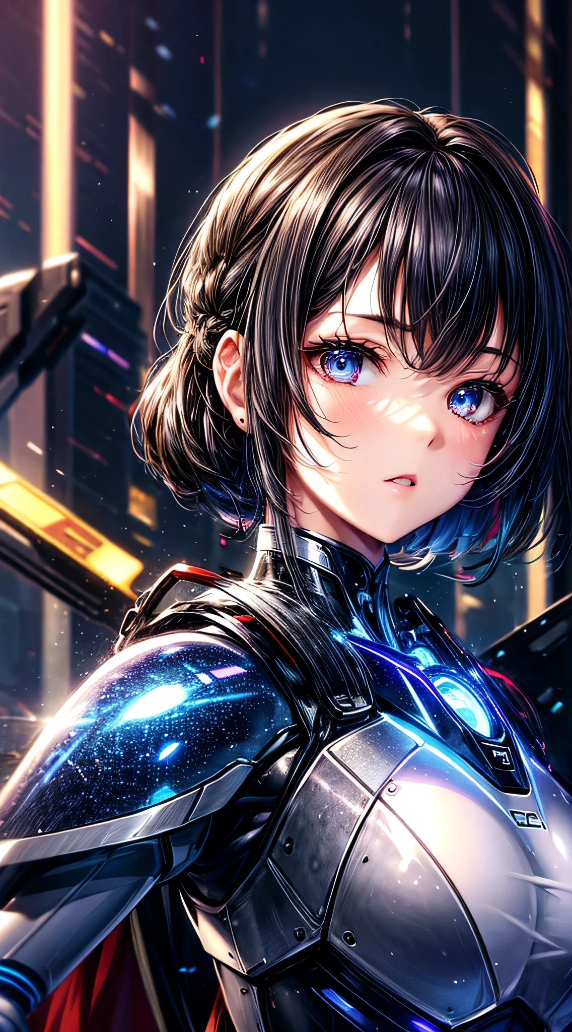 highest quality ,masterpiece, shape, Very delicate and beautiful, Very detailed ,,8k, wonderful, finely, highest quality,Very detailed,Confused, Very detailed, High resolution, Very detailed,Beautiful detailed girl,Light shines on the face, 1 girl, Mecha, armor, MechaNical Body, Black Hair, Spaceship, city, cyber punk, star,