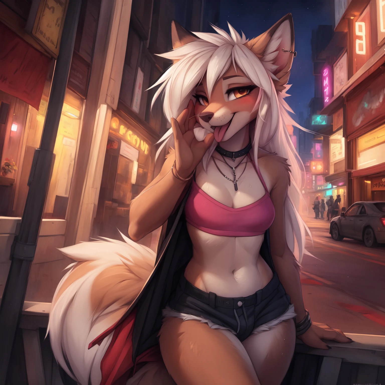 by kenket, Ross Tran, ruan jia, zaush, foxovh, by Zackary911, by hyattlen, by teranen, by fumiko, by Pixelsketcher, by Bayard Wu, by Thomas Benjamin Kennington, by Einshelm, by Kilinah, by Coffeesoda, by Hioshiru, by fluff-kevlar, bye r-mk, by Dimwitdog, Furry, Anthro, long hair, ((small)), ((male)), ((twink)), long white hair, feminine hair, girly haircut, Full Body, (()), cinematic lighting, ((fluffy tail)), ((blushing)), detailed open mouth, detailed canine teeth, detailed wet tongue, (smiling), (shy) girly hips, girly hips, ((solo)), (view from front), looking at viewer, sweat, slutty outfit, midriff, (prostitute), small bulge, offering sex, solo, nighttime, neon lights, street, city, outdoors, street hooker, (prostitute outfit), pink outfit, tube top, (fellatio gesture), sexually suggestive, ((2 boys)), 2 males, makeup, eyeshadow, eyeliner, lipstick,