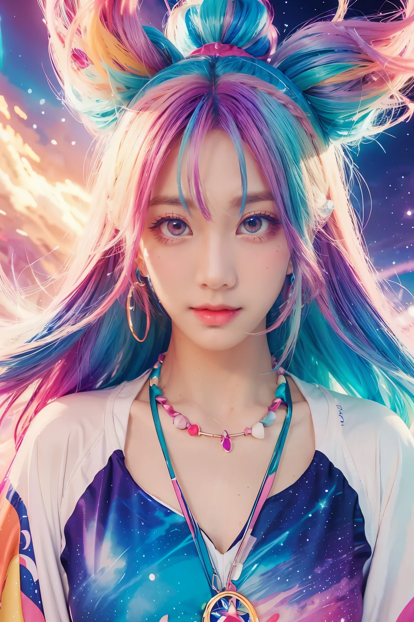Close-up of a woman with colorful hair and necklace, anime girl with cosmic hair, Rossdraws' soft vibrancy, Gouviz-style artwork, fantasy art style, colorful], vibrant fantasy style, Rossdraws cartoon full of energy, cosmic and colorful, Guweiz, colorful digital fantasy art, stunning art style, beautiful anime style, white skin, night coat,