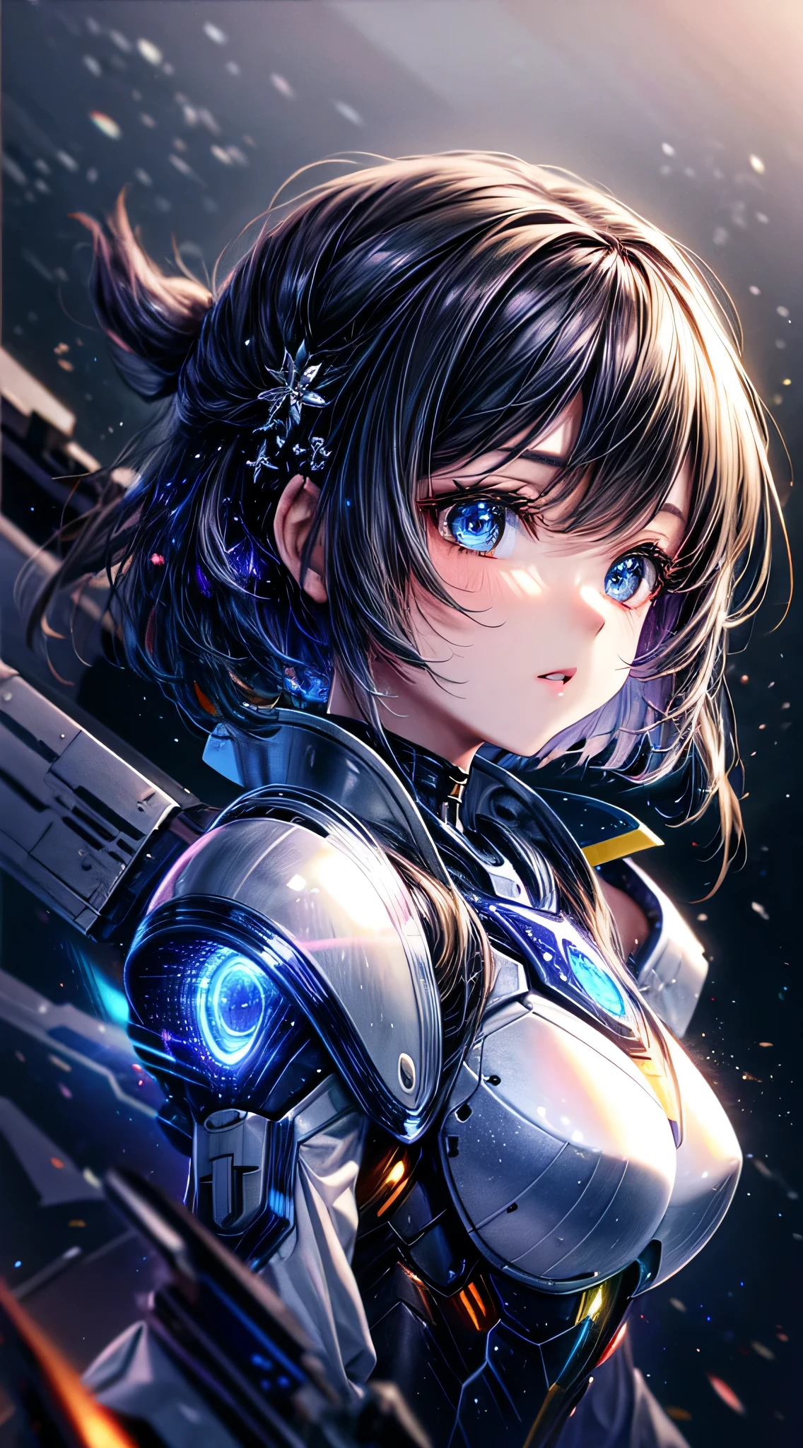 highest quality ,masterpiece, shape, Very delicate and beautiful, Very detailed ,,8k, wonderful, finely, highest quality,Very detailed,Confused,  Very detailed, High resolution, Very detailed,Beautiful detailed girl,Light shines on the face, 1 girl, Mecha, armor, MechaNical Body, Black Hair, Spaceship, city, cyber punk, star,