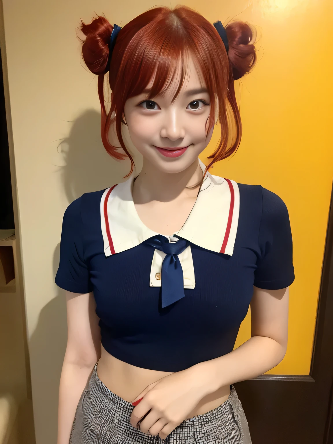 (highest quality、Red Hair、8k、32k、masterpiece、Hmph:1.2)、sexy、17 years old、Cute Japanese Women Photos、Twin tails、thin、slender、(Bobcut)、(Small Tits)、double eyelid、 Red open front shirt、Navy blue tie、You can see her underwear faintly、Yellow mini skirt、Thighs、Light blue wall、whole body、smile、sexy