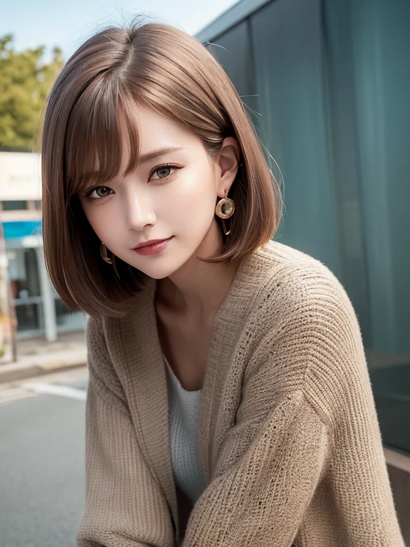 masterpiece, highest quality, High resolution,alone,Brown Hair, Small earrings,Bob Cut Hair, outside,Artistic,An illustration,Line art,Aqua Eye,morning,Best lighting,sun,casual,Flat Chest,watercolor,Beautiful Face,expensive,Woman wearing a jacket,smile,light makeup,natural,office Street