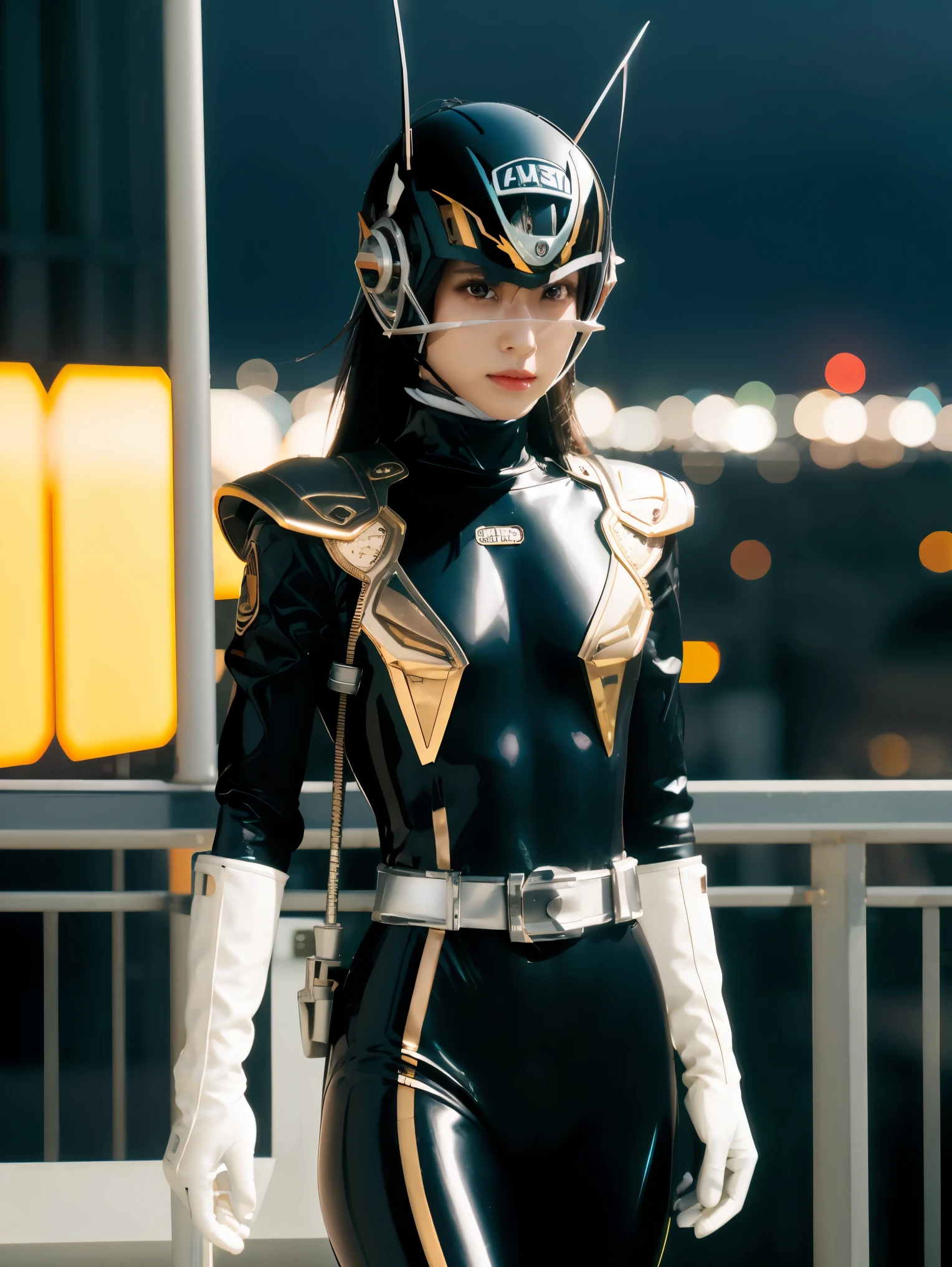 (extremely detailed CG), (best quality), perfect face, shiny skin, lustrous skin solo , Kaixa913,rider belt,gloves, antennae,black bodysuit,bodysuit, ,belt, armor,   helmet,, city background,