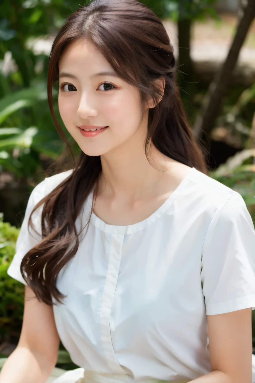 Masterpiece, high quality, high resolution, 8K, ((Skinny Japanese woman in a costume which consists of a short-sleeved white shirt and a light-brown long skirt)), beautiful face, natural makeup, detailed face, detailed eyes, a photo that feels endearing
