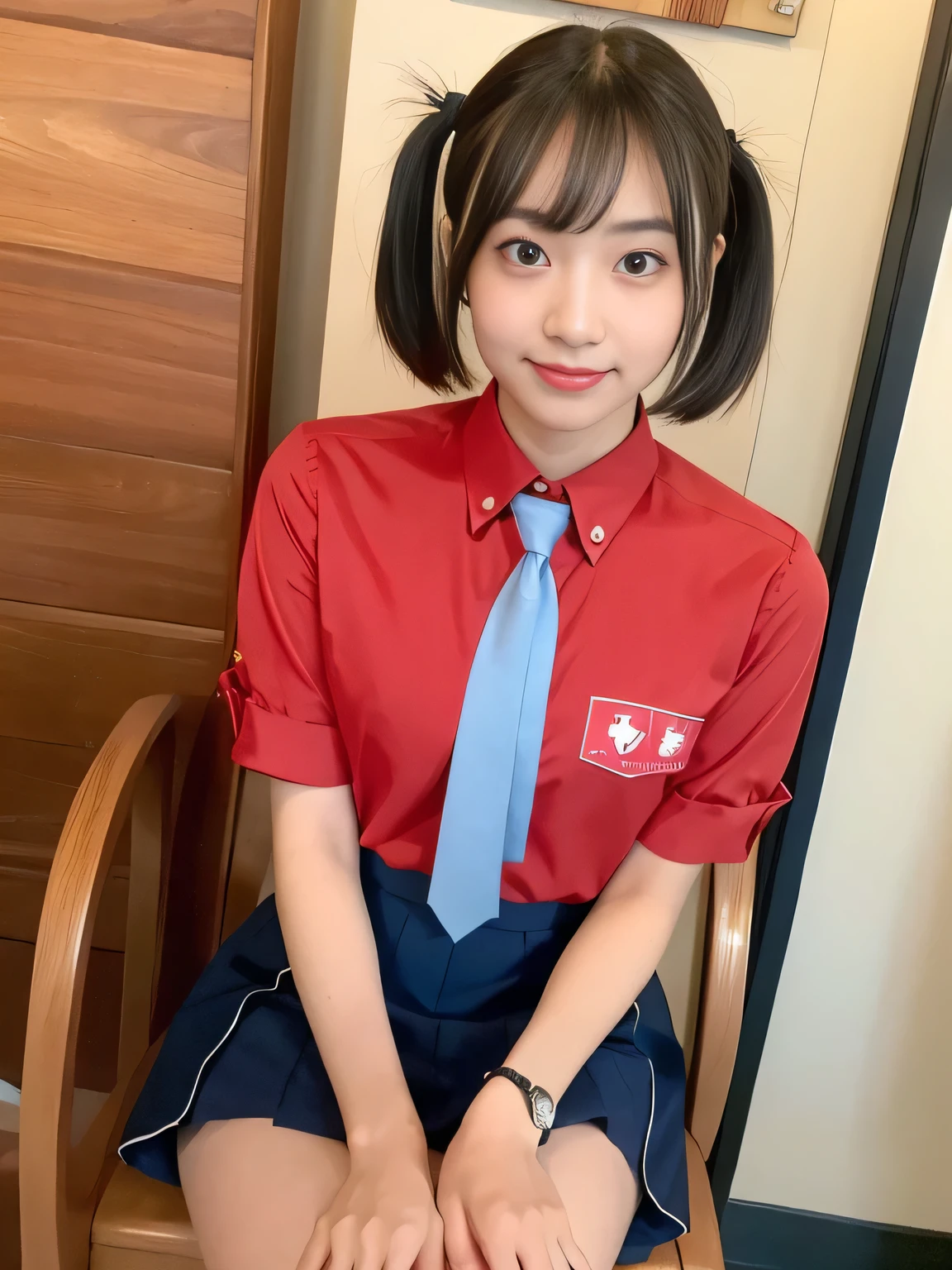 (highest quality、8k、32k、masterpiece、Hmph:1.2)、sexy、16 years old、Cute Japanese Women Photos、Twin tails、thin、slender、(Bobcut)、(Small Tits)、double eyelid、 Red open front shirt、Navy blue tie、You can see her underwear faintly、Red mini skirt、Thighs、Light blue wall、whole body、smile、sexy、Sitting in a chair、Thighs are visible