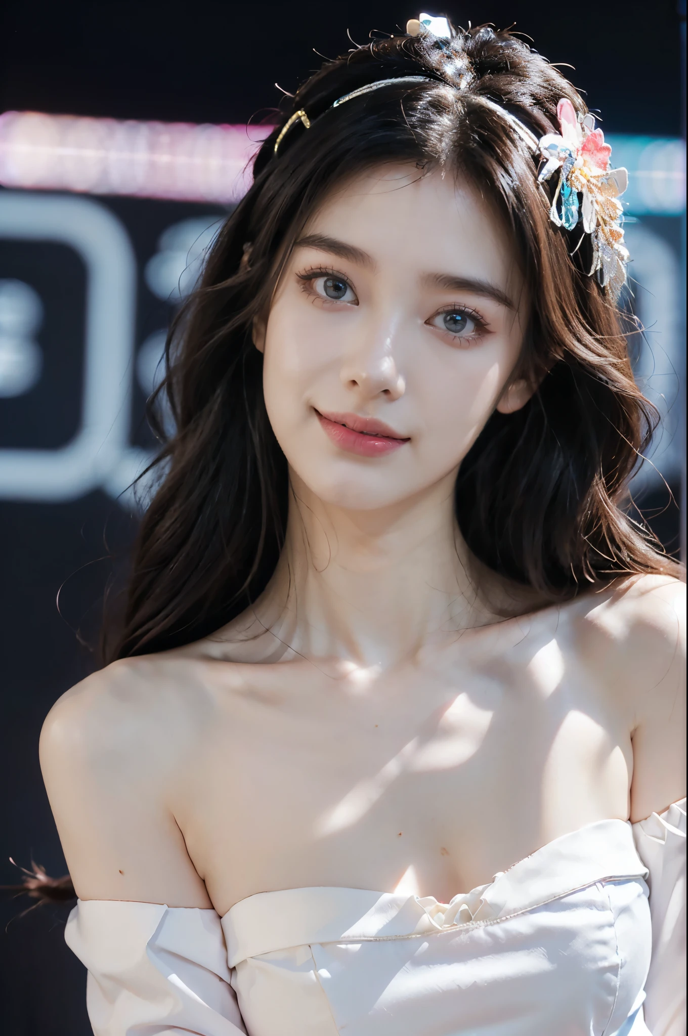 (Extremely meticulous CG),(((8k))),wallpaper,(Portrait above the chest:1.3),((Extremely refined and beautiful)),(((Masterpiece))),(((best qualtiy))),(((Ultra High Resolution))),beautiful light up,realistic shaded,(Smooth and flawless fair skin:1.5),(Extremely exquisite facial details:1.2),(ultra-detailed:1.5),((a beautiful girl,solo)),(Japanese age idol:1.3),(headdress flower:1.3),(shoulder length straight bob hair:1.2),(bangs:1.3),(small head:1.2),(slender face:1.2),(Exquisite makeup:1.3),(smiling:1.2),(laughing:1.2),(blush:1.5),(perfect body:1.1),(collar:1.2),(sleeves:1.3),(strapless dazzling Pink blue checkered bra:1.5),(collared shirt:1.3),((slim,thin)),(small breasts:1.2),(flat chests:1.2),(from front:1.3),(standing:1.3),(In the gorgeous theater:1.3),(on the stage:1.5),(lively atmosphere:1.3),(indoor:1.3),(colorful neon lights:1.3),(Cyberpunk style:1.3),(detailed background:1.5),(night scene:1.5),(close-up of face:1.3),(arms behind back:1.2)