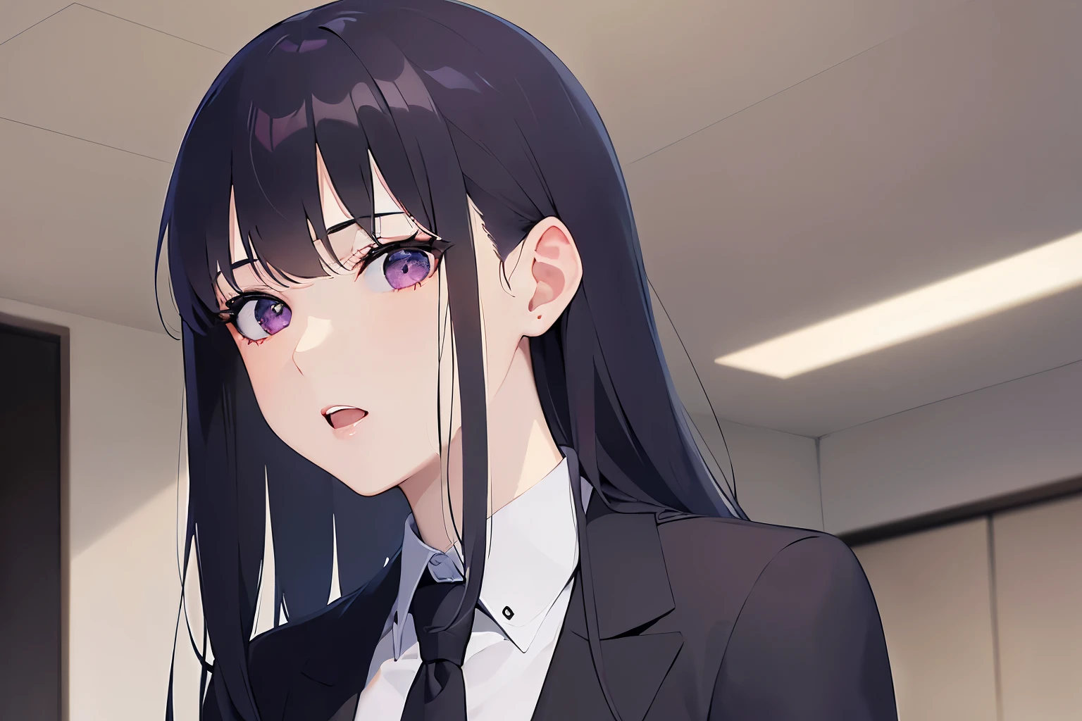 Upper body, Realistic, real person, (pale skin: 1.2), (RAW photo:1.5), photorealistic, shiny skin, shiny hair、(A 25-year-old woman with straight hair and bangs) and (medium hair) and (black hair) and (purple eyes) and (half eyes), (business suit:1.5) and (white collared shirt), confused, open mouth, Background is an office room、alone、Are standing