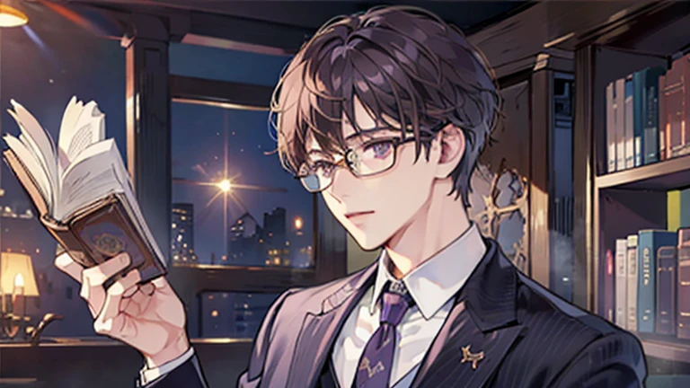 male、Dark Brown Hair、Purple Eyes、In a suit、Blue tie、Long bangs hide his right eye、Glasses、library、I read a book
