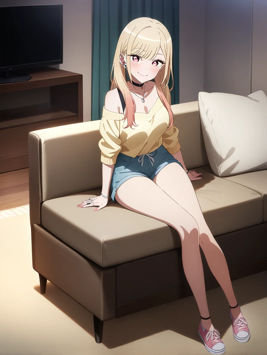 masterpiece, best quality, very aesthetic, absurdres, 1girl, kitagawa marin, sono bisque doll wa koi wo suru, off shoulder knit, short shorts, my room, sitting sofa, watching television, light smile, full body, key visual, highly detailed