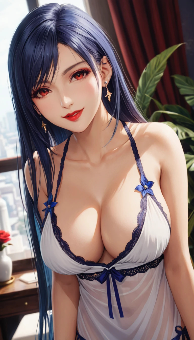 best quality,masterpiece, an extremely delicate and beautiful, CG,extremely detailed ,highres, extremely detailed,depth of field, 1girl,beautiful detailed girl,blue_hair, long_hair, beautiful detailed red eyes,(makeup:1.2),Red lips,light on face,(seductive smile:1.2),big breasts,(thigh),(chemise:1.2),short shorts,indoor, Plant decorations,(cowboy shot:1.5)