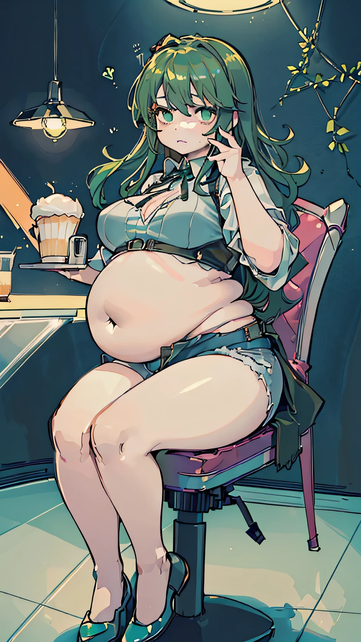(small cafe background:1.5), (chair, sitting diagonally:1.5) (big ass, thick thighs:0.7), (warm light source:1.2), intricate details, volumetric lighting, Realism BREAK(masterpiece:1.2), (top quality), 4K, ultra detail, (Dynamic configuration:1.4), Very detailed and colorful details,(rainbow colors:1.2), (shining lights, atmospheric lighting), dreamy, magical, (alone:1.2), intricate details, cheeky expression, big breasts drooping, (green eyes:1.5), (a devastated expression, dead eyes, dark atmosphere:1.5), (Green long hair:1.5), (suit, suit, shoes, denim shorts, dress shirt with lace:1.5), (plump,thick thighs, thick ass:1.3), (beautiful eyes, flushing:1.5),(muffin_top, Belly Fat:1.5),(sitting on a chair, diagonal shot:1.5)