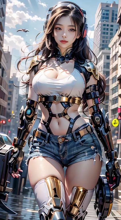 Virtual image,Realistic 8K visuals,hips up,Masterpiece,Complete Anatomy,Complete dynamic composition,morning sun,Light hits the front,young woman with long brown hair,cybernetic robot,Bikini body - white_orange_gold_metal, Jean Shorts,white tank top,Abandoned city backdrop
