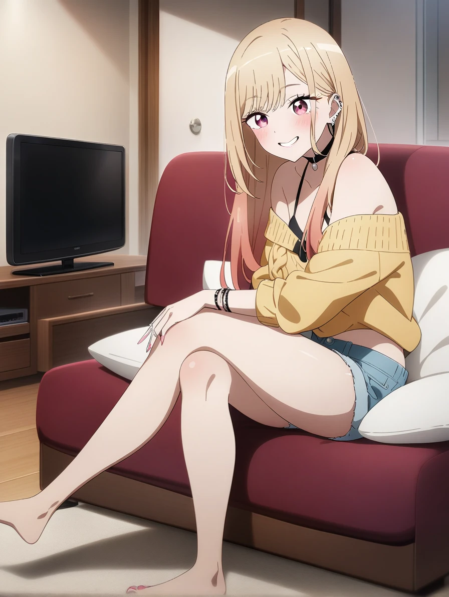 masterpiece, best quality, very aesthetic, absurdres, 1girl, kitagawa marin, sono bisque doll wa koi wo suru, off shoulder knit, short shorts, my room, sitting sofa, crossing legs, watching television, light smile, full body, key visual, highly detailed