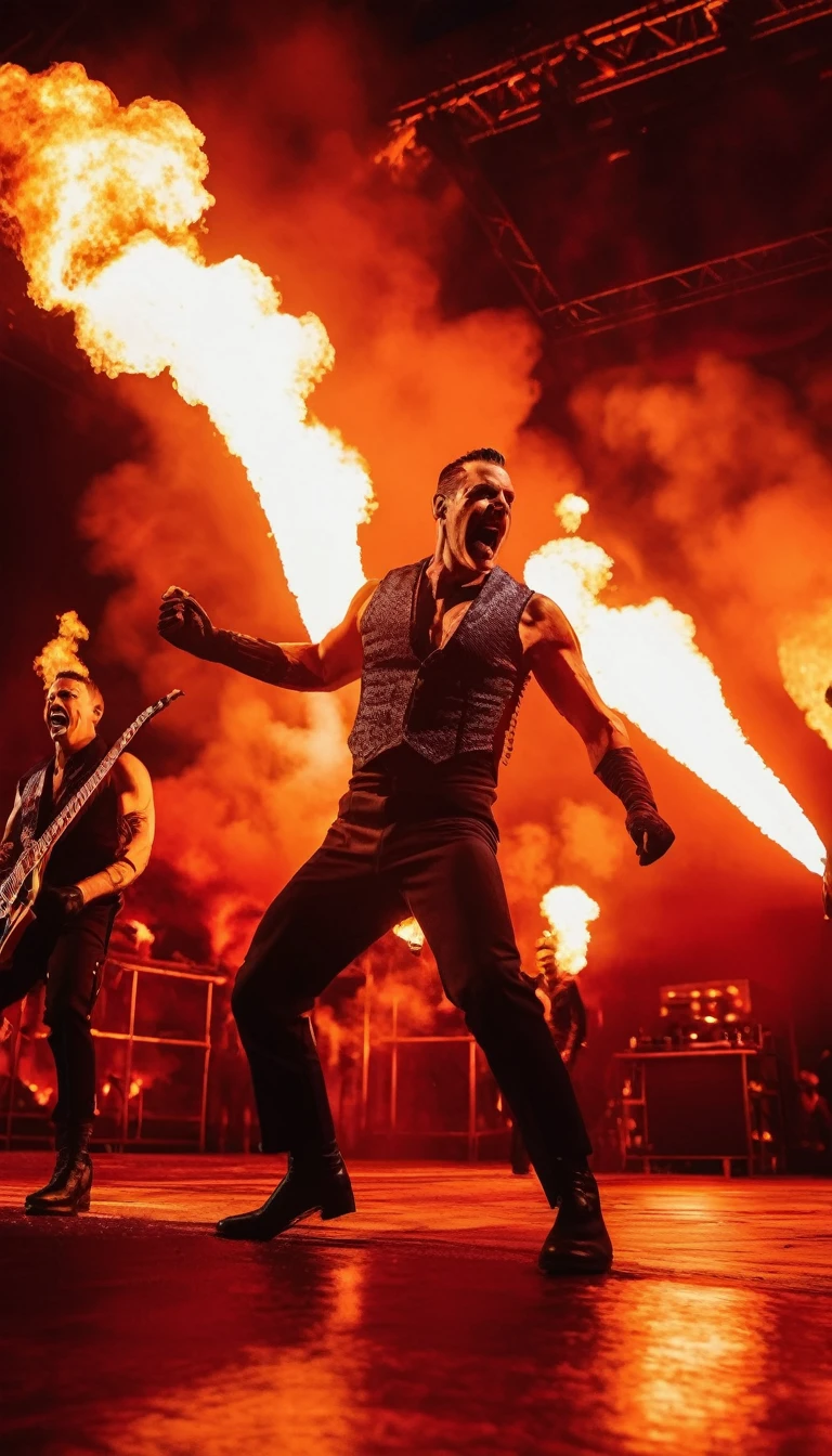 best quality, 4k, high-res, (explosive, fiery:1.1) Rammstein concert stage,(intense, energetic)filars with fire,(passionate, intense)expression,(powerful, fierce)metal band,(enthusiastic, lively)jumping crowd, (loud, energetic)music, (dynamic, intense)lighting, (fiery, vibrant)color tone