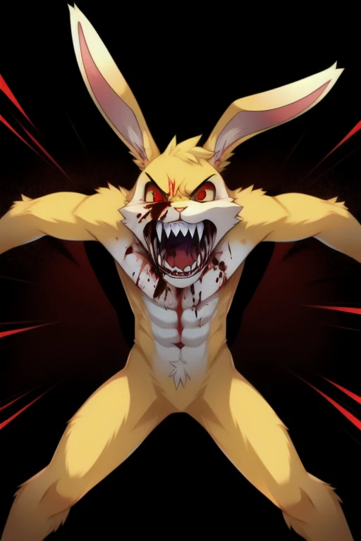 solo, male, rabbit, yellow colored fur, lean body, anthropomorphic rabbit, extended body, torn open stomach revealing spinal cord, extended spine, verticals mouth in torso, dead eyes, right leg missing flesh, monster