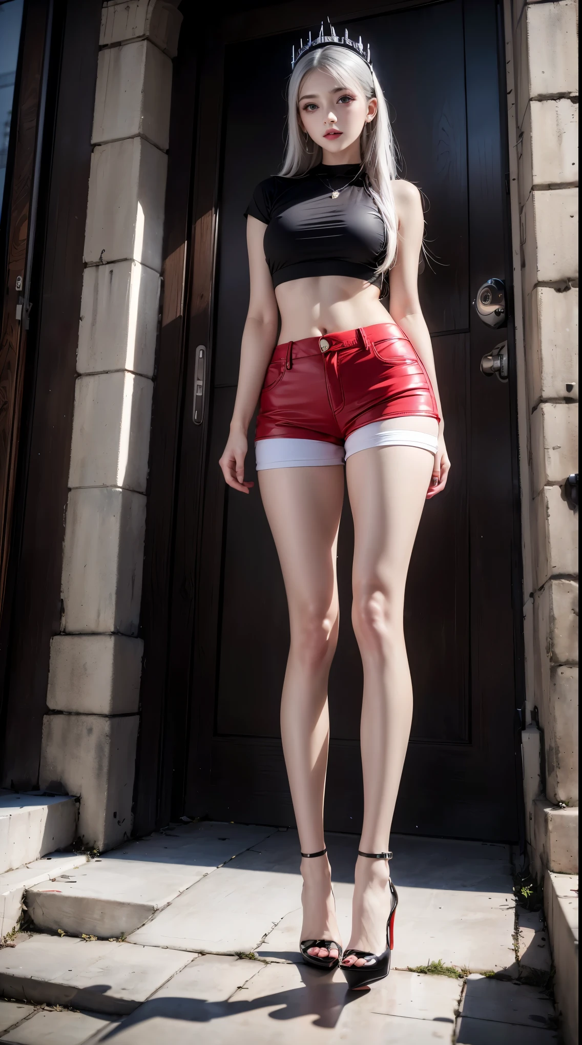 masterpiece,best quality,high resolution, 1 chubby girl,from below,(My legs are very thin and straight.)，,(I have long legs，straight legs),,high heel,long legs,stood, Leg length when viewed from the front, perfect body,Have Perfect Legs,(tempting)，full body lesbian，cyberpunk figures，dynamic pose，1 chubby girl，Exquisite eyes，brown eyes，eye shadow，to put on make up，long gray hair， detailed face， detailed eyes， looking at viewer， blush\（to put on make up\）， plump lips， red lip，（long gray hair：1.3）， （stood）Mechanically static，Summon Mech，(headdress:1.1)，((((Red ，ultra shorts))))，(black stockings)，city，Luminous winding，，Cyberpunk Lighting:1.1)，neon lights，Completely mechanical and futuristic elements，technology，배경은 중국 전통 distance입니다.，중국 city， distance， sky sky， cyberpunk figures， lantern， Neon Super Resolution，（realism：1.3），1（slim：1.2），dramatic lighting，vivid details，Luxury Cyberpunk，complex background，RendeRed by Octane，