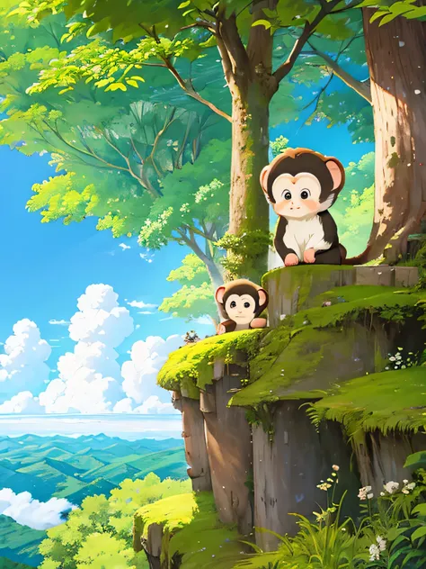 hayao miyazaki style, kawaii design, chibi girl monkey, monkey forest, above the clouds, playing with monkey