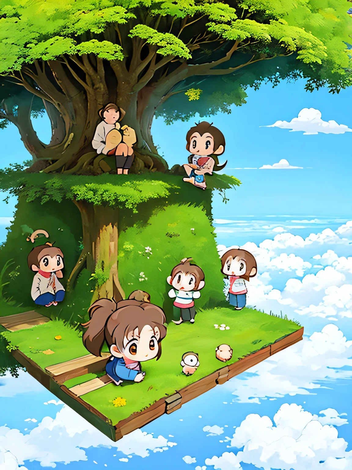 Hayao Miyazaki Style, Kawaii Design, Chibi girl monkey, monkey Forest, Above the Clouds, playing with monkey