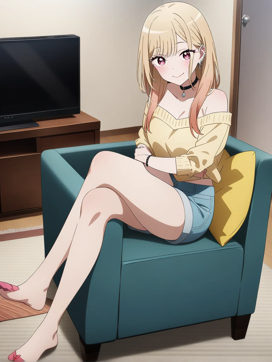 masterpiece, best quality, very aesthetic, absurdres, 1girl, kitagawa marin, sono bisque doll wa koi wo suru, off shoulder knit, short shorts, my room, sitting sofa, crossing legs, watching television, light smile, full body, key visual, highly detailed