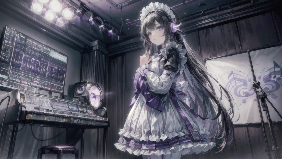 (((Masterpiece))), (((Finest))), ((High Resolution)), (16K Best Quality). ((One girl)), (Looking away: 1.4), ((She is a beautiful 5-year-old girl with long black hair and blue drooping eyes. She is wearing headphones: 1.6)), (She happily plays the electronic organ. :1.2). (Perfect Anatomy: 1.4), (Very Detailed Hand: 1.2), (Very Detailed Fingers: 1.2), (Very Detailed Fingertips: 1.2). ((bright white and purple colors) classic maid outfit: 1.4), (music studio: 1.5).