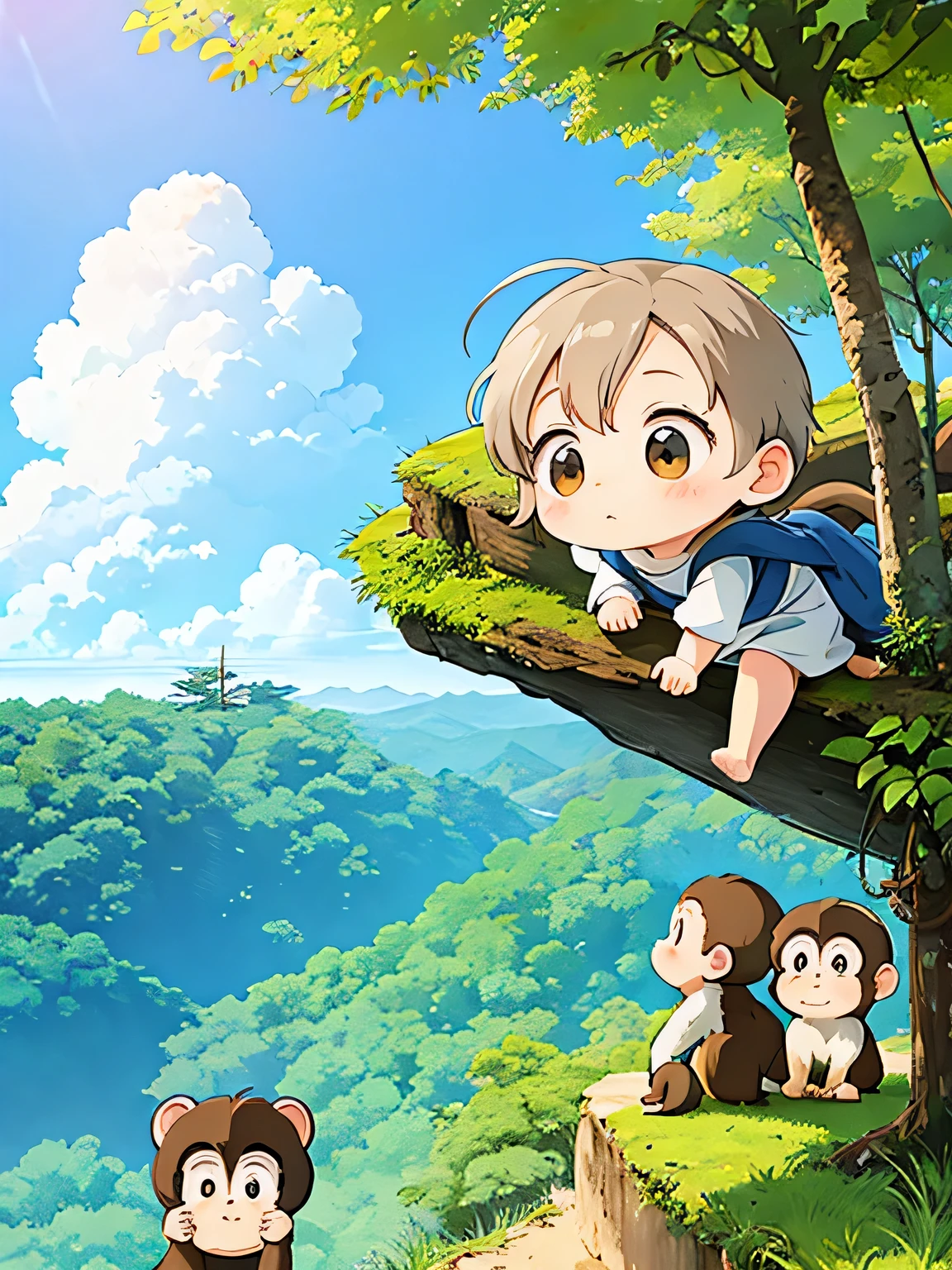 Hayao Miyazaki Style, Kawaii Design, Chibi girl monkey, monkey Forest, Above the Clouds, playing with monkey