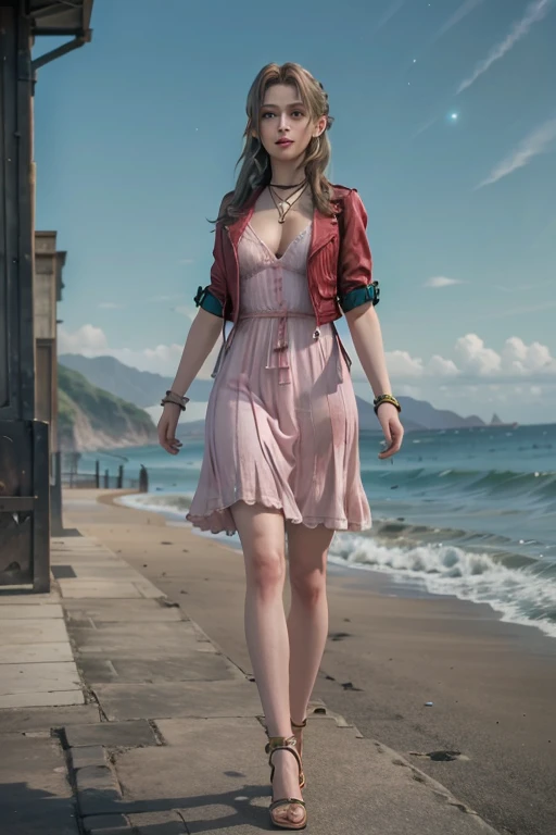 Realistic, realism, photorealism, realistic, High Contrast, (Large Breasts), (8k high definition detailed Realistic), (highest quality, masterpiece:1.2), Live-action adaptation,  Photon Mapping, Radio City, Physically Based Rendering, highest quality, Very detailed,One Girl, did, Green Eyes,Ocean, null, Beach, Red jacket, Pink Dress,  Cowgirl Pose, Sensual, Full Body View, , Full Body Shot,