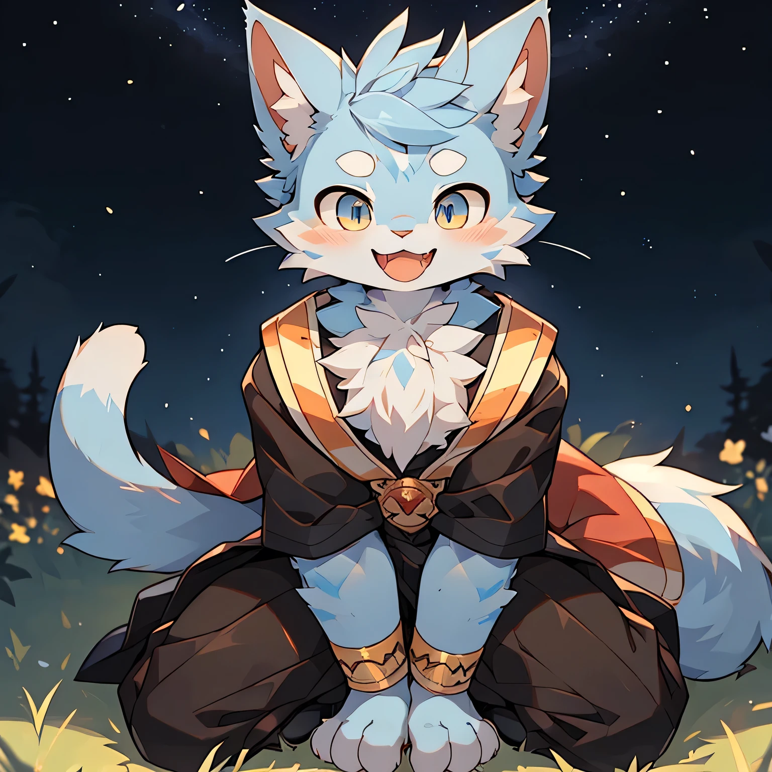 The only person，(Male cats:1.5), (blue skin:1.3), hairy，(Light blue fur:1.3),((Golden pupils)) ,(White ears),(hairy animal ears)，Covered with hair，Wearing a black robe，Black pants，Kneeling on the grass，Behind it is a starry sky，Face Focus，Delicate face，Delicate eyes，upper body，Front view，Red cheeks，Smile，Open your mouth slightly，Sticking out tongue，Slobber，