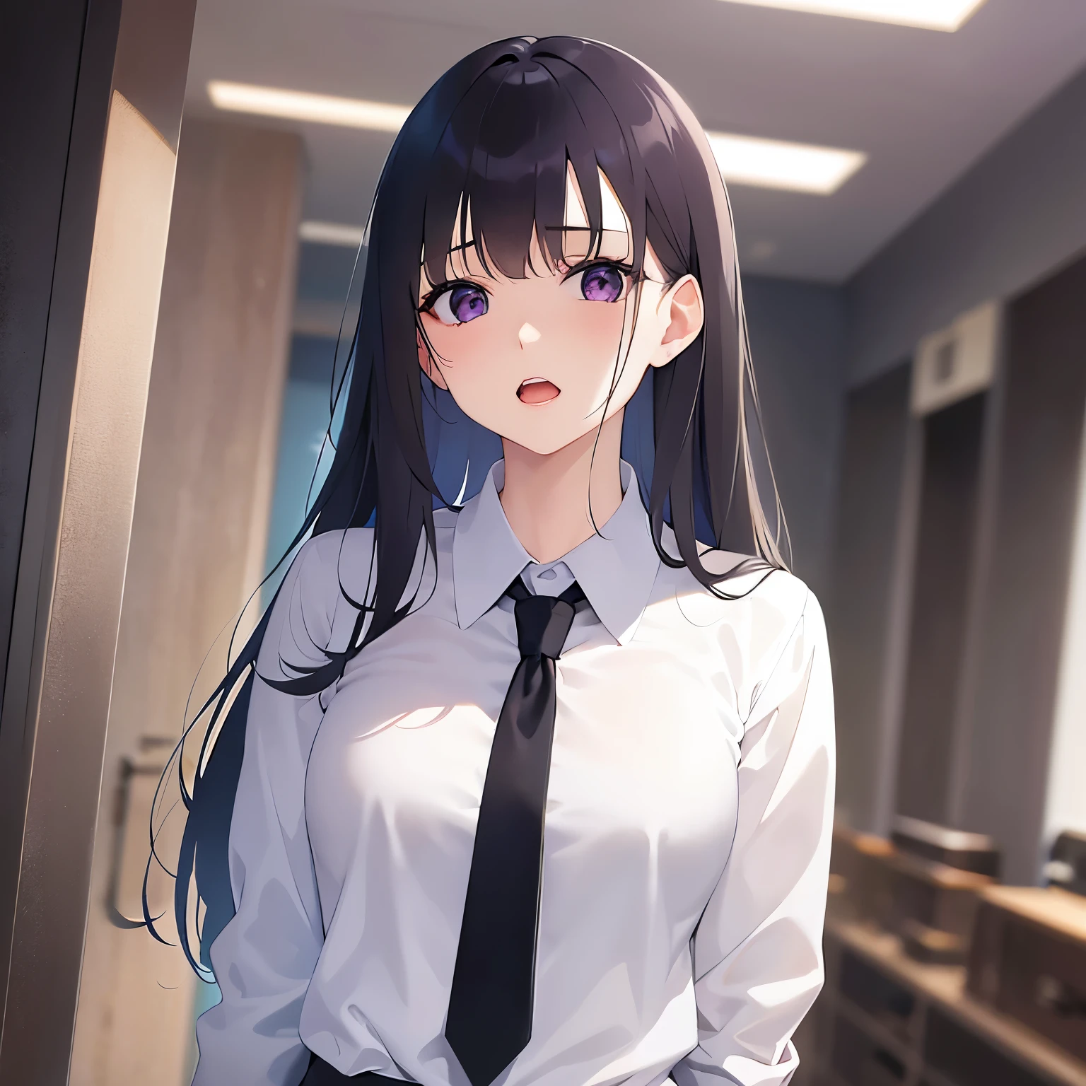 cinematic angle, Upper body, Realistic, real person, (pale skin: 1.2), (RAW photo:1.5), photorealistic, shiny skin, shiny hair、(A 25-year-old woman with straight hair and bangs) and (medium hair) and (black hair) and (purple eyes) and (half eyes), (business suit:1.5) and (white collared shirt), (confused:1.3), open mouth, Background is an office room、alone、Are standing