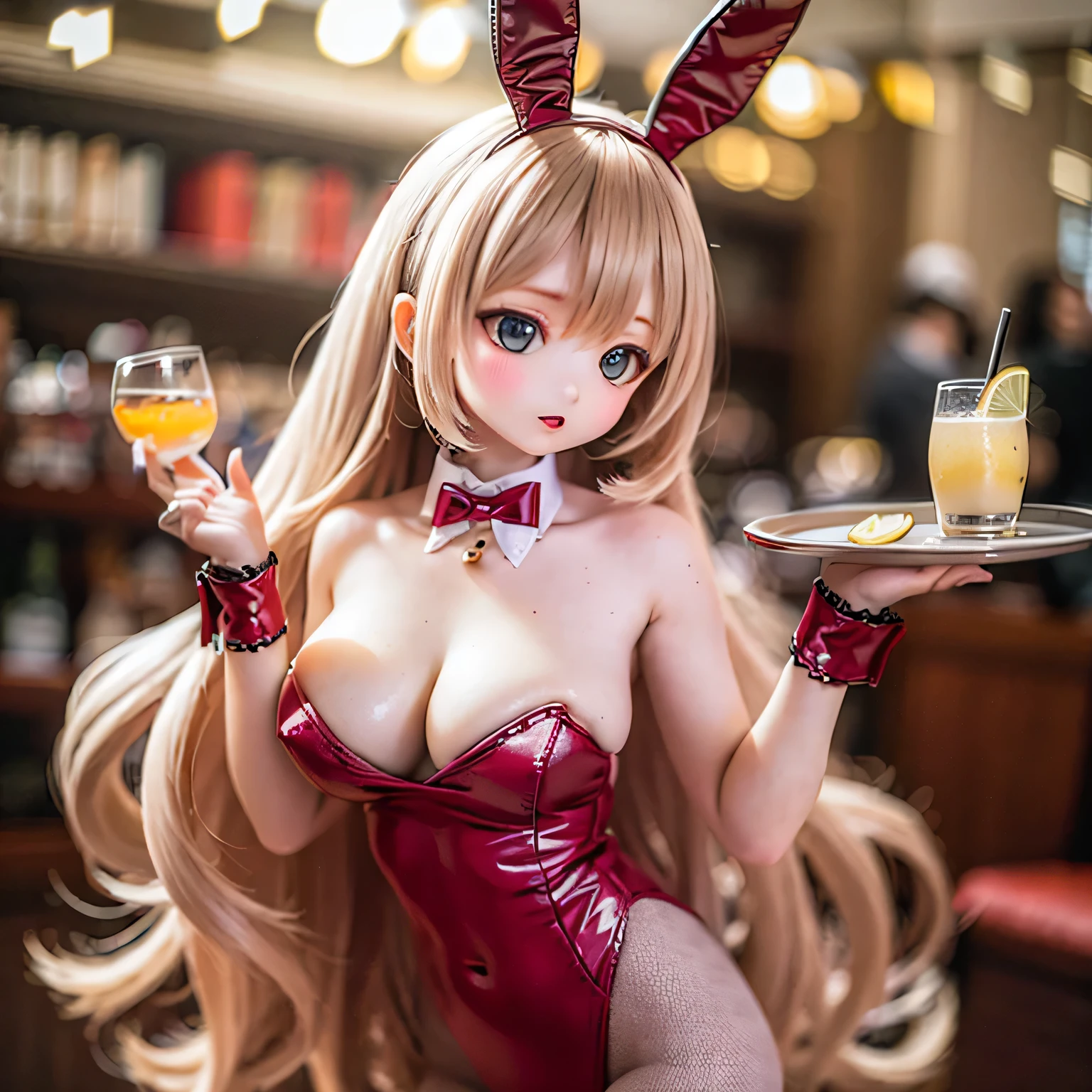 Wearing fishnet stockings and high heeletallic red Playboy Bunny Casino big girl holding a tray of drinks