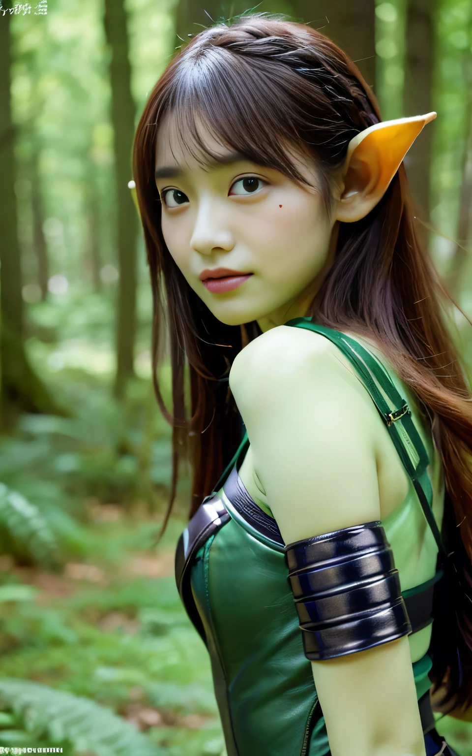 (8K quality、High resolution、Ultra-detailed、最high quality、masterpiece、high quality、Perfect dynamic composition,Gravure photo、Realistic:1.3)、Perfect lighting、One Goblin Woman、Detailed face、Detailed skin、Detailed eyes、Beautiful Face、（Seductively Posing、Otherworldly fantasy:1.3)、Green Face、Green Skin、Green body、Green Hair、Pointed Ears、Stolen equipment、Leather Armor、forest