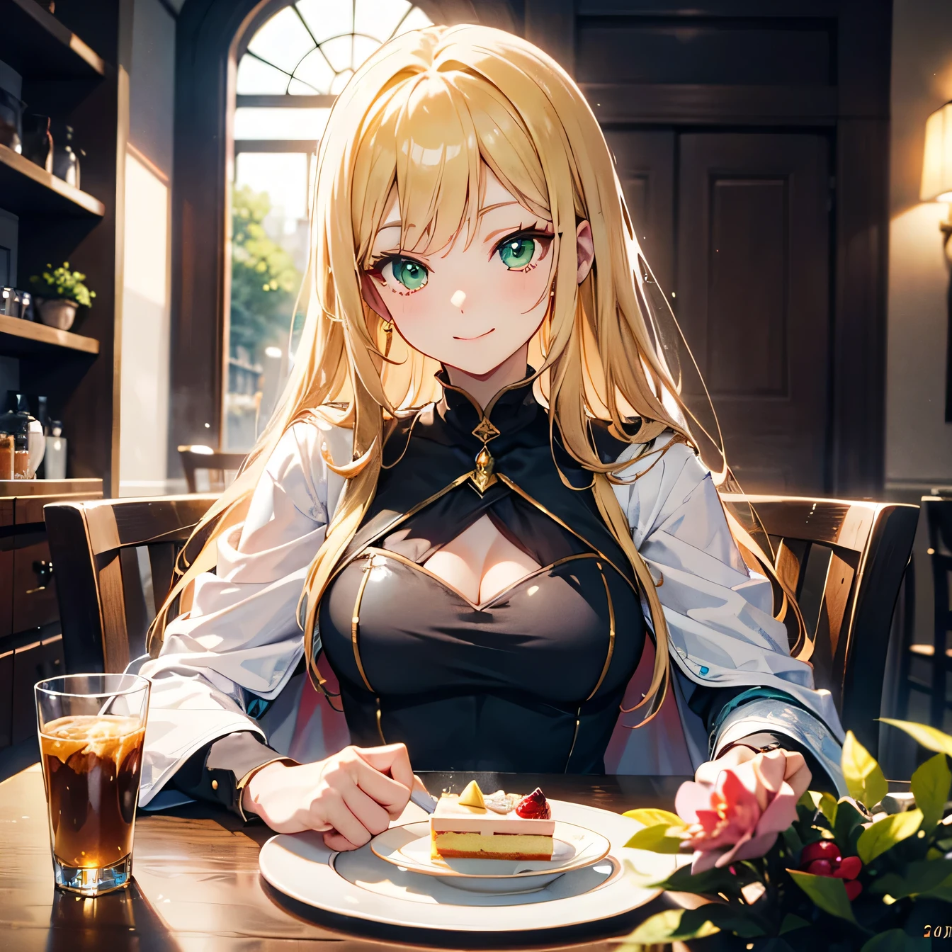 Anime Moe Art Style,highest quality,High resolution,Anatomically correct,One Woman,Twenty years old,Blonde,Super long hair,Straight Hair,Green Eyes,Super detailed,Fantasy-style white cloak with gold trim,A long black dress,Medium sized breasts,smile,Open Cafe Terrace,white round table,There is a teacup and a cake on the table,Beautiful posture,8K