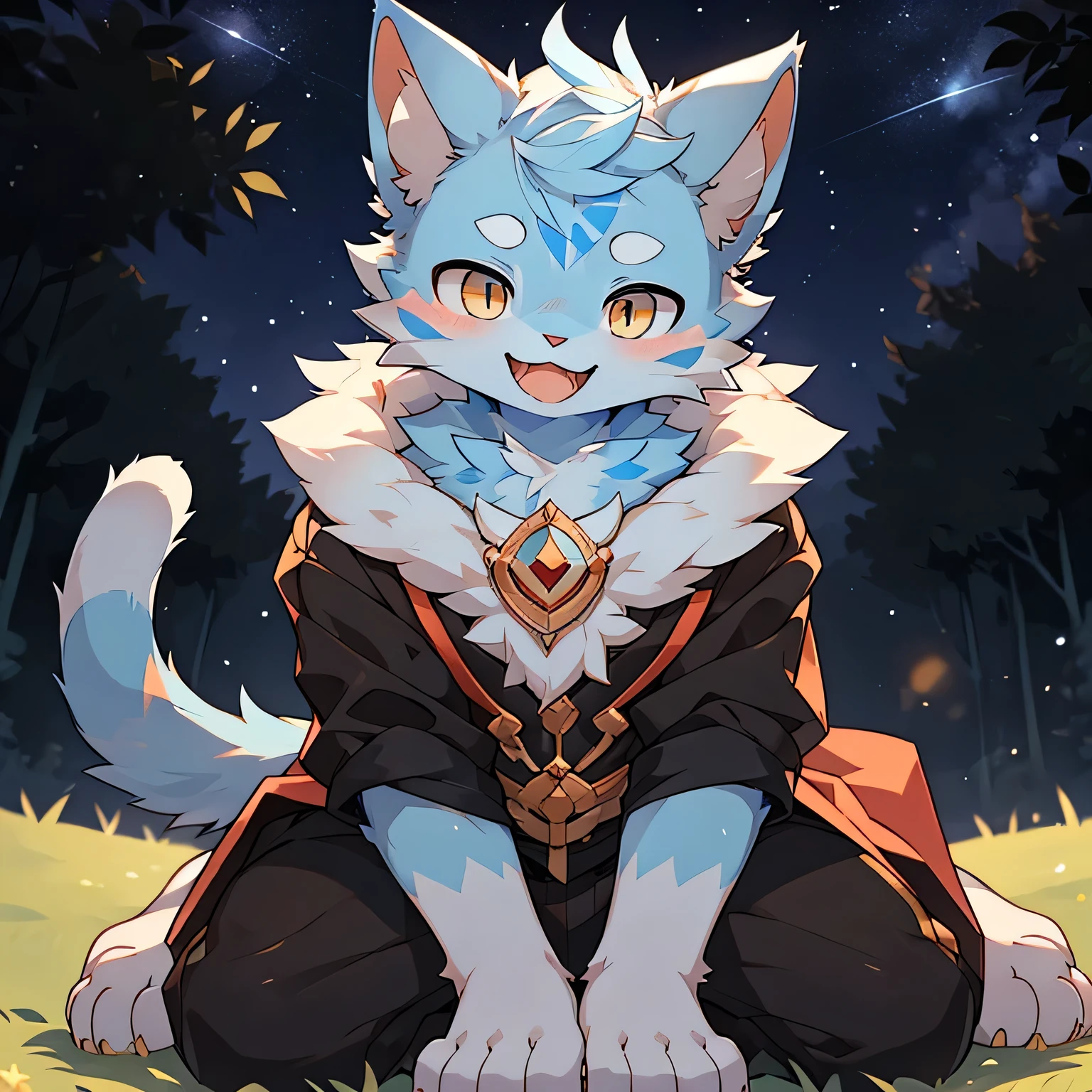 The only person,(Male cats:1.5), (blue skin:1.3), hairy,(Light blue fur:1.3),((Golden pupils)) ,(White ears),(hairy animal ears),Covered with hair,Wearing a black robe,Black pants,Kneeling on the grass,Behind it is a starry sky,Face Focus,Delicate face,Delicate eyes,upper body,Front view,Red cheeks,Smile,Open your mouth slightly,Sticking out tongue,Slobber,