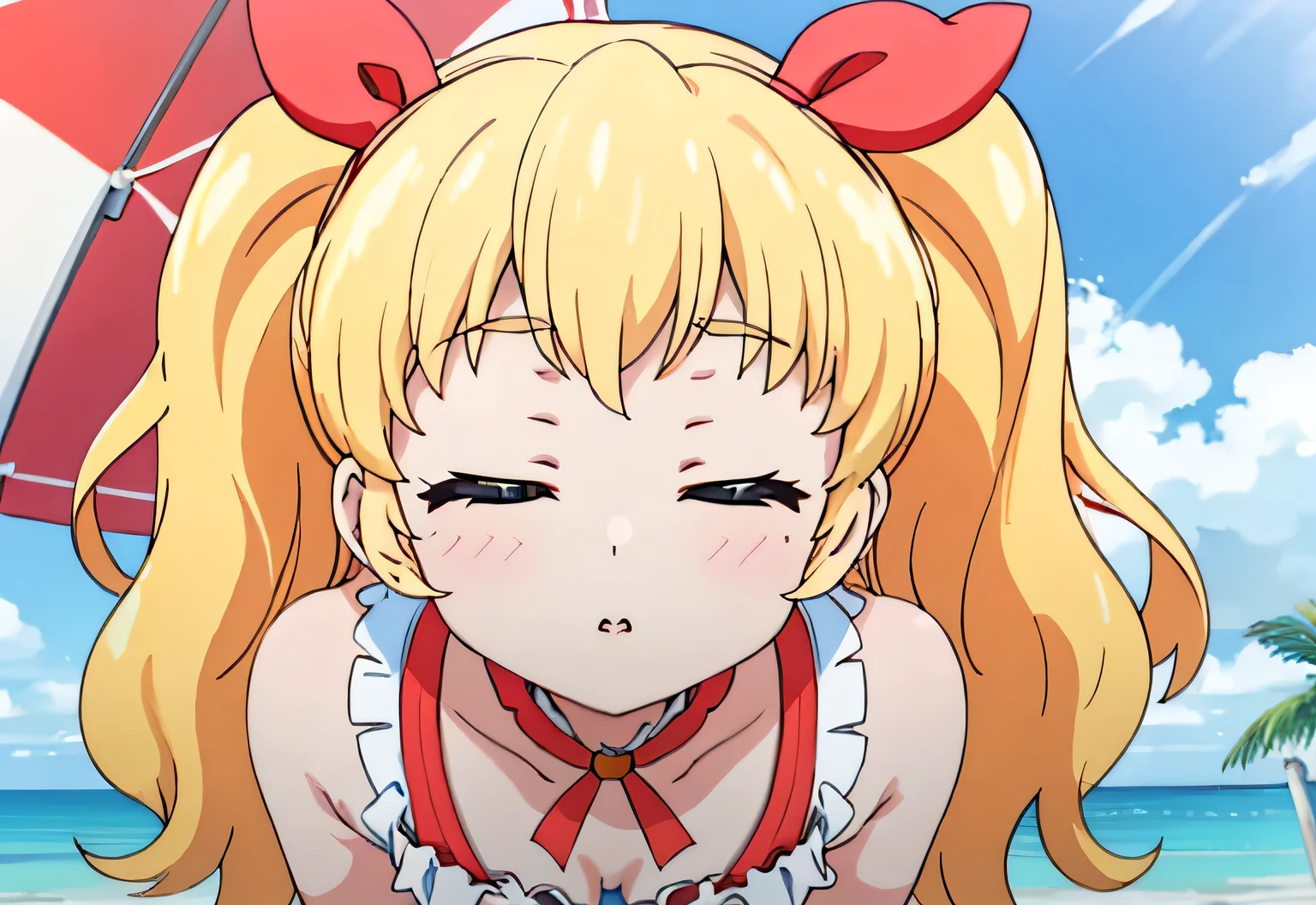 Masterpiece、Masterpiece、Close ~ eyes、kiss、Twin tails、Blonde、cute ruffle swimsuit、Red ribbon、Seaside、Beach parasol、Sandy Beach、Ripples、Lean forward with your hands on your knees、Sunshine、Close-up of face、Cleavage、One girl