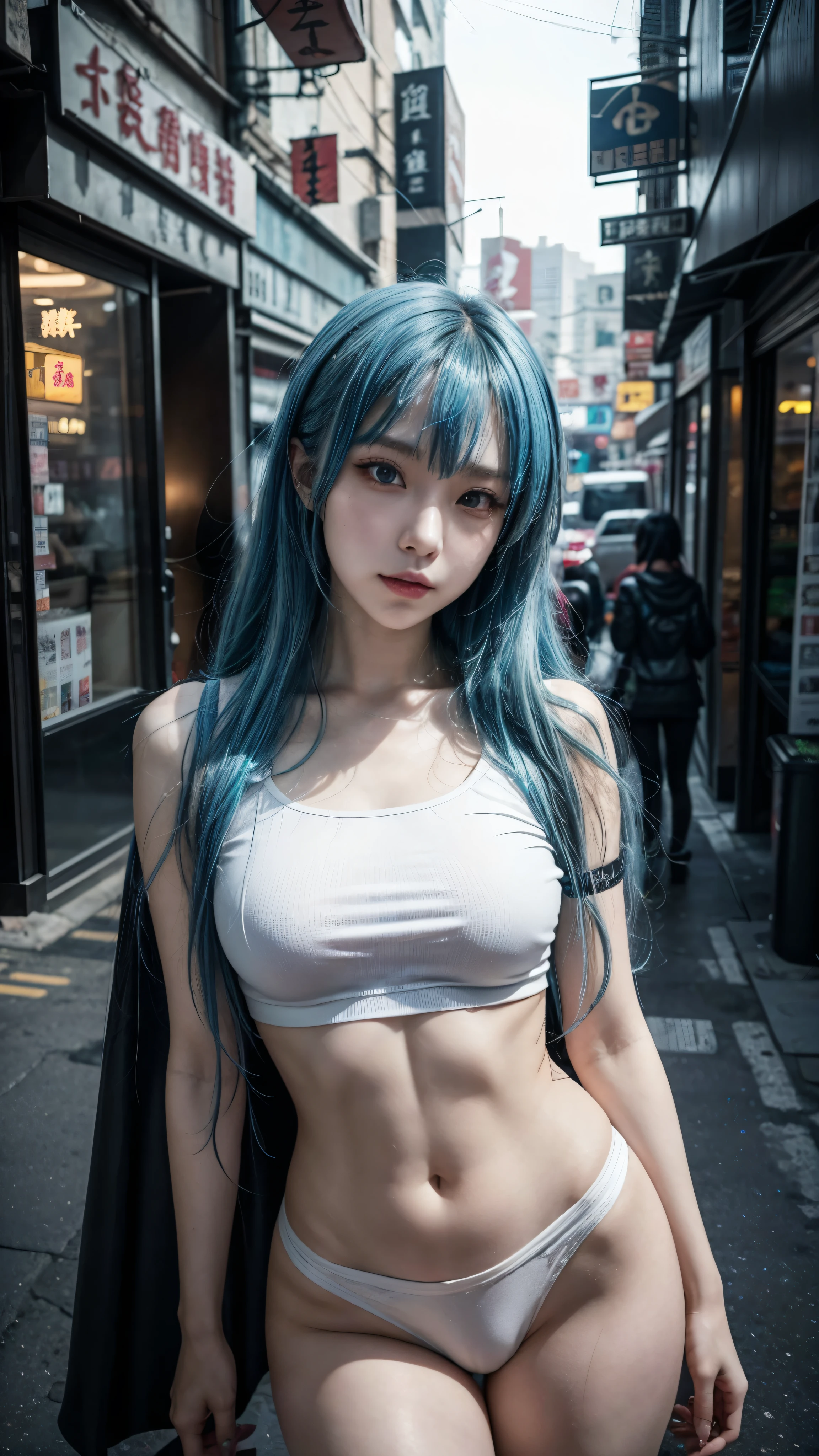there is a woman with a blue hair and a white top, anime girl cosplay, inspired by Leng Mei, photo of slim girl model, anime girl in real life, seductive anime girl, cyberpunk 2 0 y. o model girl, chinese girl, female cyberpunk anime girl, photo of slim girl, beautiful cyberpunk woman model, anime cosplay, cosplay photo, cosplay