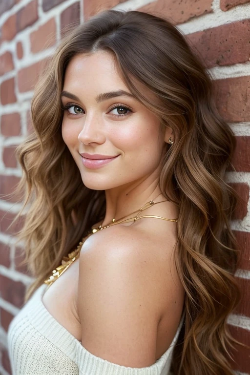 A realist painting of a young woman in her late twenties, solo, with chestnut brown hair cascading down her back in loose waves. Her expressive hazel eyes meet the viewer's gaze, her bare shoulders adorned only with a delicate gold necklace. Dressed in a cozy, off-shoulder sweater that accentuates her frame, she leans gently against a brick wall, exuding an air of natural beauty and intimacy. The intricate details of her realistic features are captured perfectly, from the subtle texture of her wavy hair to the pores on her flawless, unretouched skin. Her deep-set hazel eyes convey a sense of warmth and