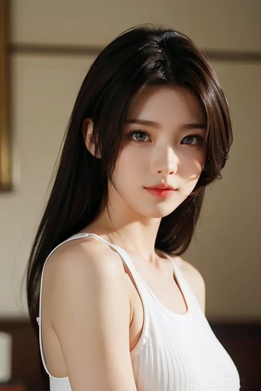 beautiful Asian girl, college student, masterpiece, light makeup, silver hair, messy long hair, 90s scene, beautiful, elegant. super fine details, master works, authentic texture, soft lighting realism, perfect job, 16K, hd, exquisite features,blue eyes、Beautiful Face、cute smile、brown hair、beautiful hair、glamorous、small breasts、no bra,、white skin, glowing skin, bright big eyes, smooth skin, super sexy tank top, thin tank top, retro light