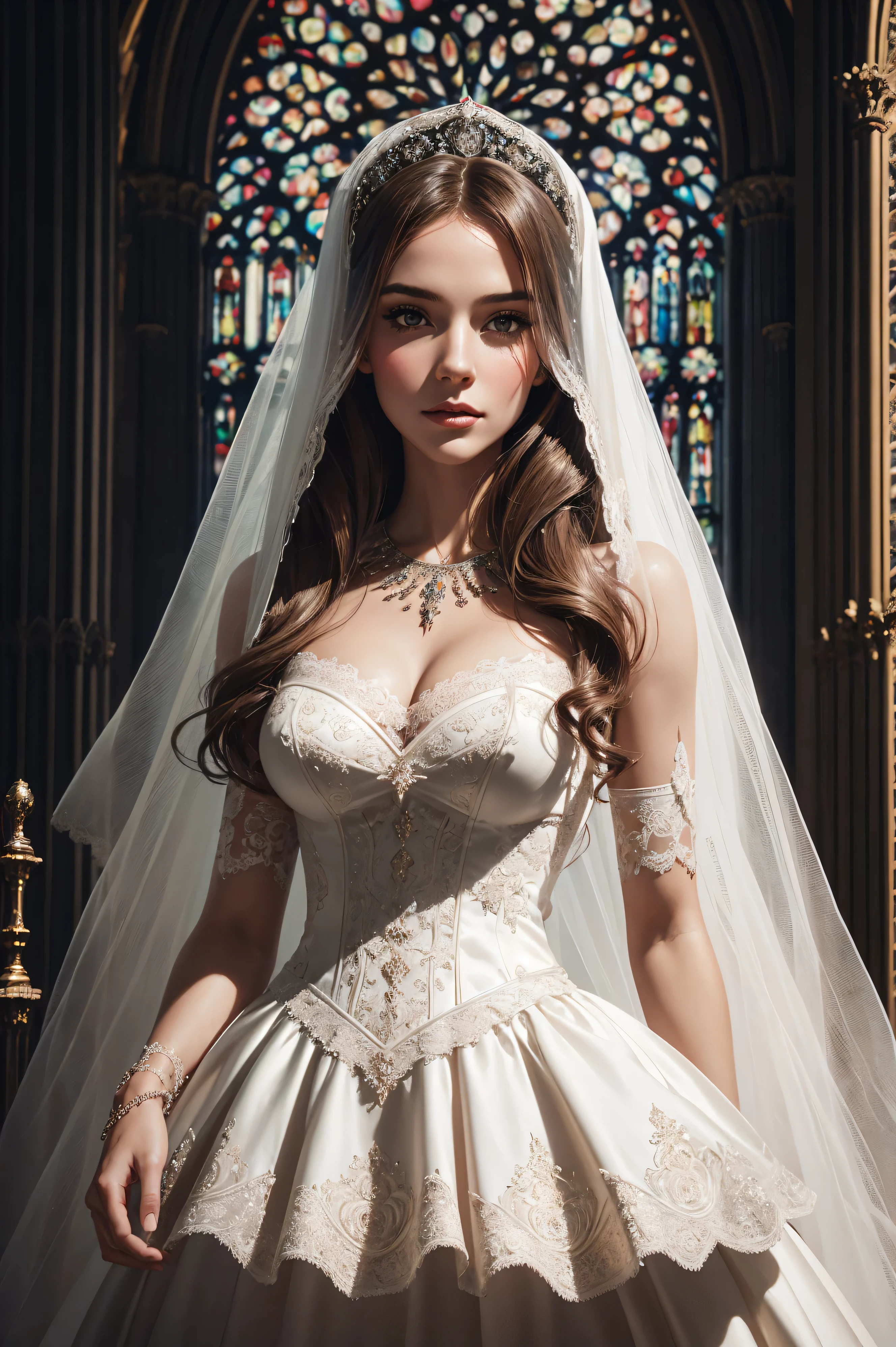 portrait Rose Williams wearing veil bride costume, against the background of the Notre Dame Cathedral, character portrait, 3 9 9 0 s, long hair, intricate, elegant, highly detailed, digital painting, artstation, concept art, smooth, sharp focus, illustration, art by wlop, charlie bowater and alexandra fomina