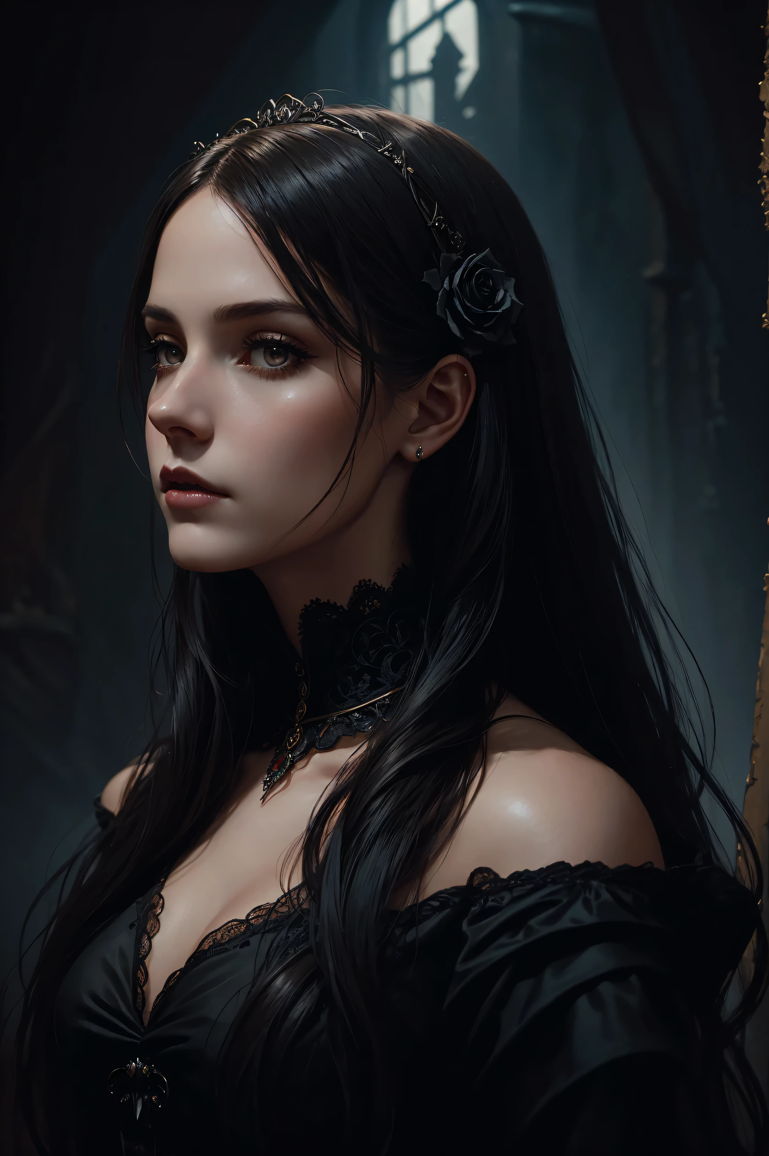 portrait Rose Williams wearing gothic costume, against the background of the Titanic wreck, character portrait, 3 9 9 0 s, long hair, intricate, elegant, highly detailed, digital painting, artstation, concept art, smooth, sharp focus, illustration, art by wlop, charlie bowater and alexandra fomina