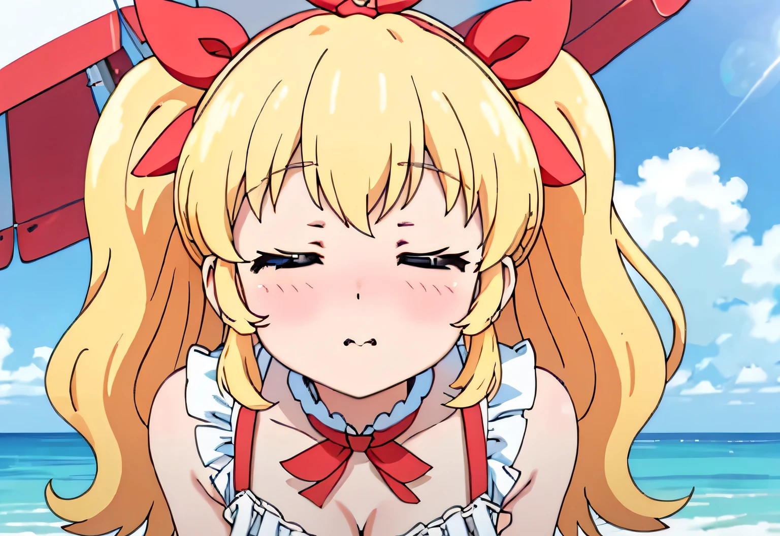 Masterpiece、Masterpiece、Close ~ eyes、Twin tails、Blonde、cute ruffle swimsuit、Red ribbon、Seaside、Beach parasol、Sandy Beach、Ripples、Lean forward with your hands on your knees、Sunshine、Close-up of face、Cleavage、One girl、Embarrassed、blush、Embarrassed