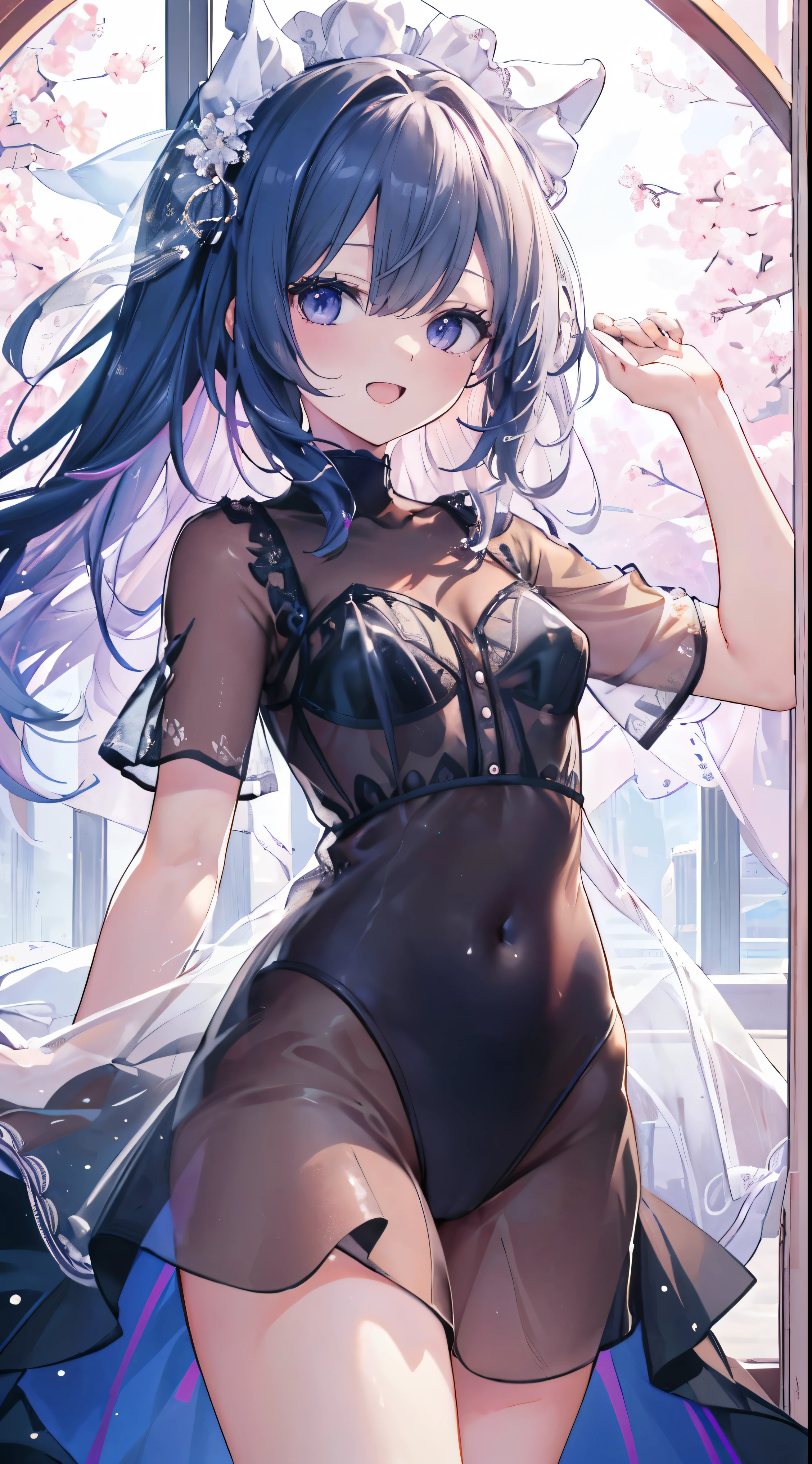 Masterpiece、Highest quality、highest quality、((((See-through感))))、(Open Mouth Smile)、Shiny hair quality、Small face、Dynamic pose、((((See-through))))Super detailed, beautiful, wide eyes、Ultra-detailed, clear and beautiful faces、(cute illustration:1.2), High-resolution, ultra-detailed, best quality, embarrassed、Thighs