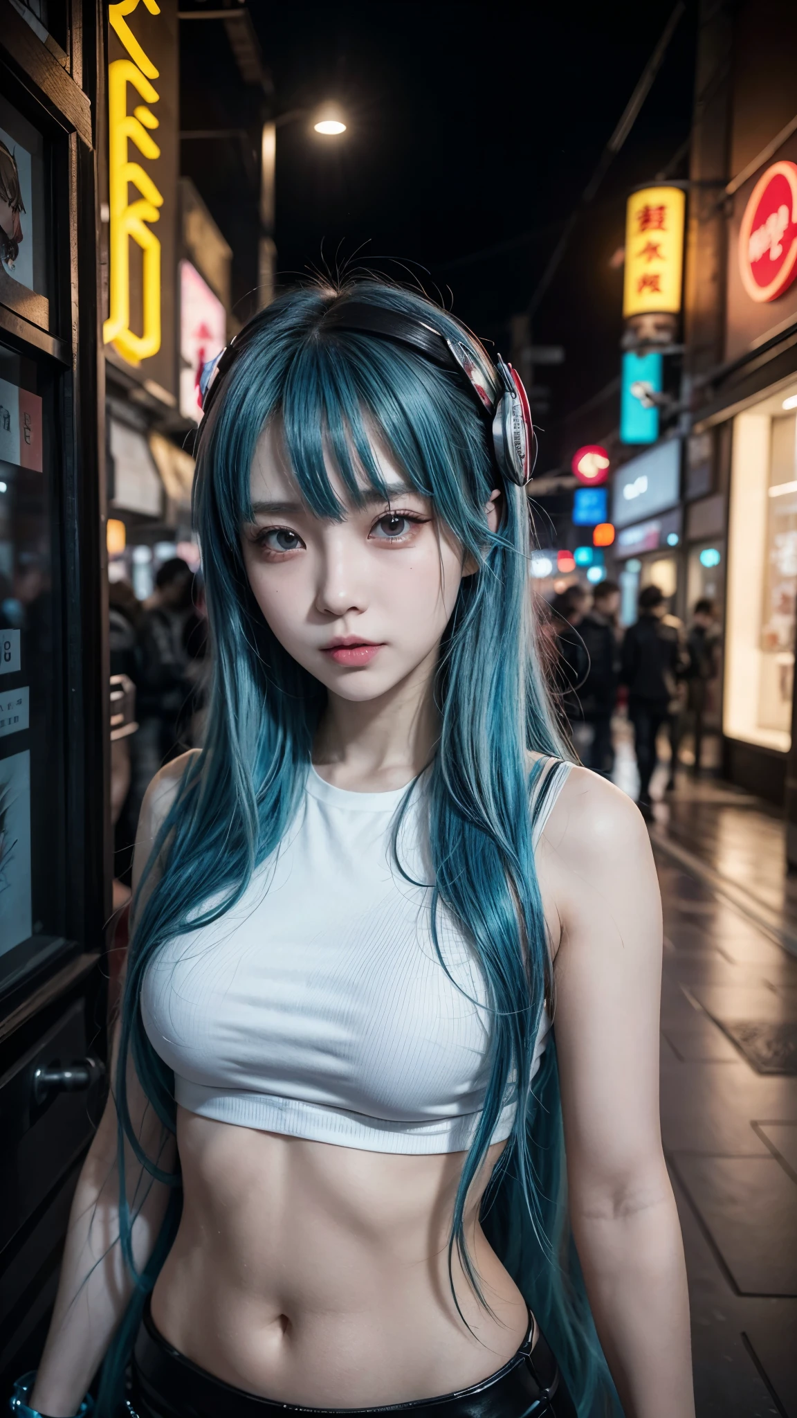 there is a woman with a blue hair and a white top, anime girl cosplay, inspired by Leng Mei, photo of slim girl model, anime girl in real life, seductive anime girl, cyberpunk 2 0 y. o model girl, chinese girl, female cyberpunk anime girl, photo of slim girl, beautiful cyberpunk woman model, anime cosplay, cosplay photo, cosplay