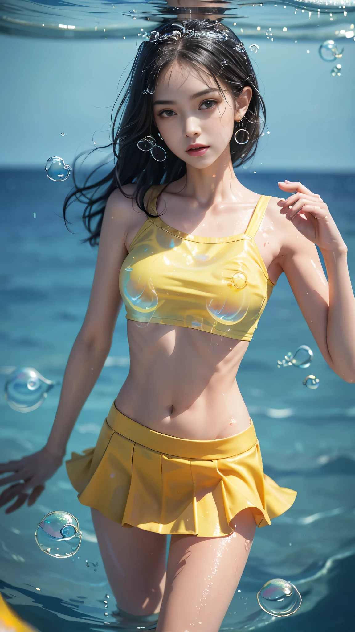 Realistic, textured skin, {best quality}, {highres}, beautiful and charming classical Chinese woman, full body photo, 28 years old, delicate and charming small face, smiling, slender and charming figure, delicate and charming collarbone, Sapphire necklace, air bangs, black hair, bright peach blossom eyes, pink lips, double eyelids, deep cleavage, (bright yellow sleeveless tutu skirt), standing on the bow of the ship, with open hands, the breeze blows, seagulls fly over bright background