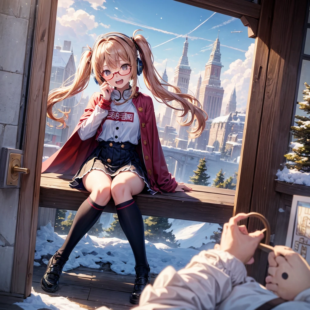 Pink gold golden hair、Golden Eyes、One good looking girl、Twin tails、solo、anime、Checkered mini skirt、The skirt has buttons、Red T-shirt、Long sleeve、China、Cape、Black knee-high socks、Wearing headphones、Wearing a ribbon、Ribbon on waist、Tilting face、Teeth are visible、Sunset sky、The rocks are exploding、Snow is piled up、Rocky Mountain、The clouds are breaking through、Contrail、Glasses、Behind him is a giant World Tree piercing the clouds.、Sitting、Automatic door、Burning Teacup、suspension bridge、Golden Sugar、Touching your face、There&#39;s a sword stuck in the mountain