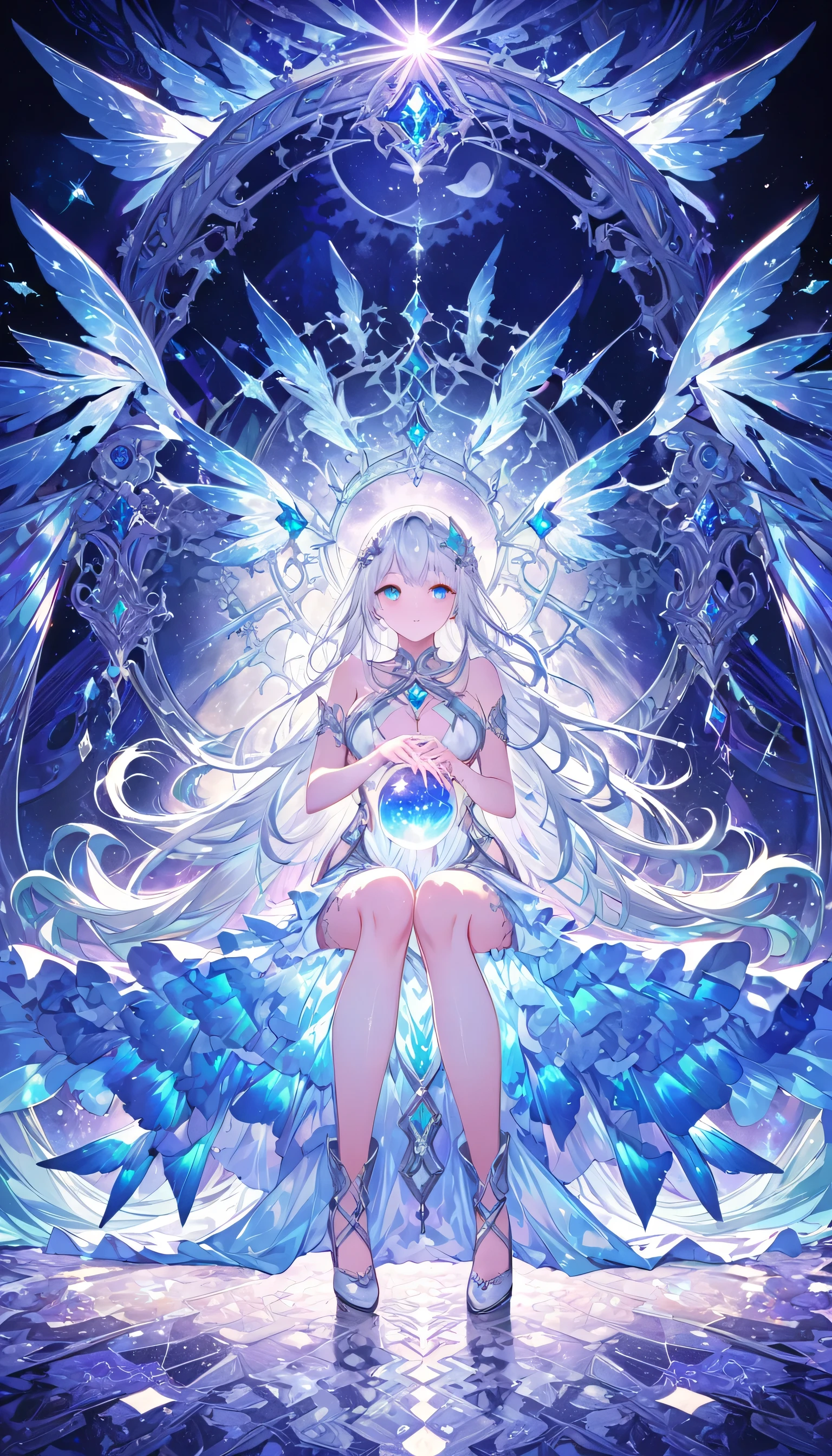 High resolution,Moon Goddess,Artemis,Silver Hair,Long Hair,goddess outfit, Bright colors, Dreamy atmosphere, Captivating eyes, Mysterious Shadow, Unfairly Beautiful, Close-up shot, Fascinating patterns, Magical Expressions, Mysterious atmosphere, Whimsical poses, Great lighting, Intricate details, Fantastic scene, Captivating beauty, Mysterious colors, Attractive composition, Enchanting Magic, Memorable charm, Enigmatic charm, Dreamlike quality, Fascinating colors, magical transformation, Enchanting Dreams,Sitting,White Throne,He has a big shiny crystal ball
