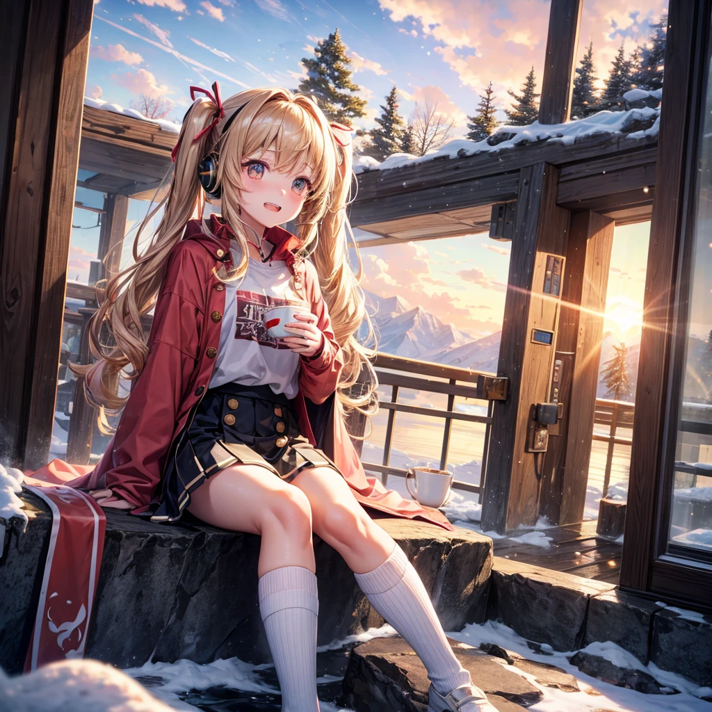 Pink gold golden hair、Golden Eyes、One good looking girl、Twin tails、solo、anime、Checkered mini skirt、The skirt has buttons、Red T-shirt、Long sleeve、China、Cape、Black knee-high socks、Wearing headphones、Wearing a ribbon、Ribbon on waist、Tilting face、Teeth are visible、Sunset sky、The rocks are exploding、Snow is piled up、Rocky Mountain、The clouds are breaking through、Contrail、Glasses、Behind him is a giant World Tree piercing the clouds.、Sitting、Automatic door、Burning Teacup、suspension bridge、Golden Sugar、Touching your face