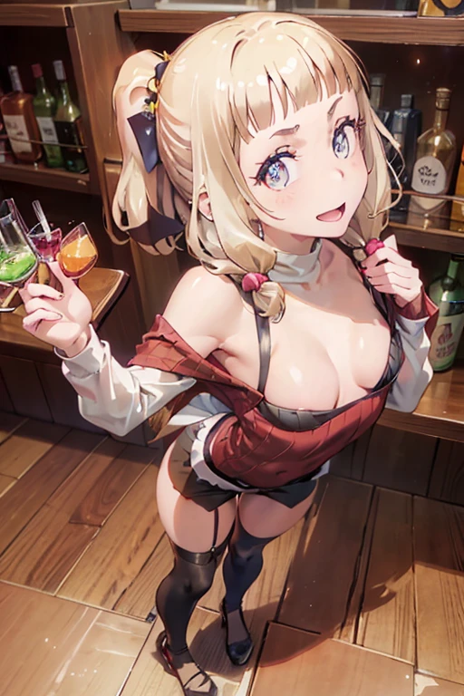 (from above:1.2),(from side:0.9), ((Face)), (Close-Up:0.4), masterpiece,"A 26-year-old girl stands at a bar counter. She is dressed in a stylish off-shoulder dress, sweater dress, off-shoulder sweater, red sweater,garter stocking, cleavage:1.1, midriff, black shorts, black thighhighs, thigh strap, pretty girl, (highly detailed beautiful face and eyes,firm breasts),real skin,((black,hair,long pony tail hair)),thin pubic hair,cute and lovely pose, detailed eyes, This masterpiece is only visually stunning but also tells,(double breasted:0.6,under bust:0.6),(small breasts:1.2),(perky chest:1.1), (pointed chest:1.0), medium hips, glamorous body,(with sparkling eyes and a contagious smile),open mouth. The bar is beautiful, with colorful bottles of alcohol in the background and a soft glow from neon lights. The atmosphere is relaxed, and the girl looks confident and fashionable.",full body, sexy pose,make a cocktail , in a bar counter, Looking at Viewer,
