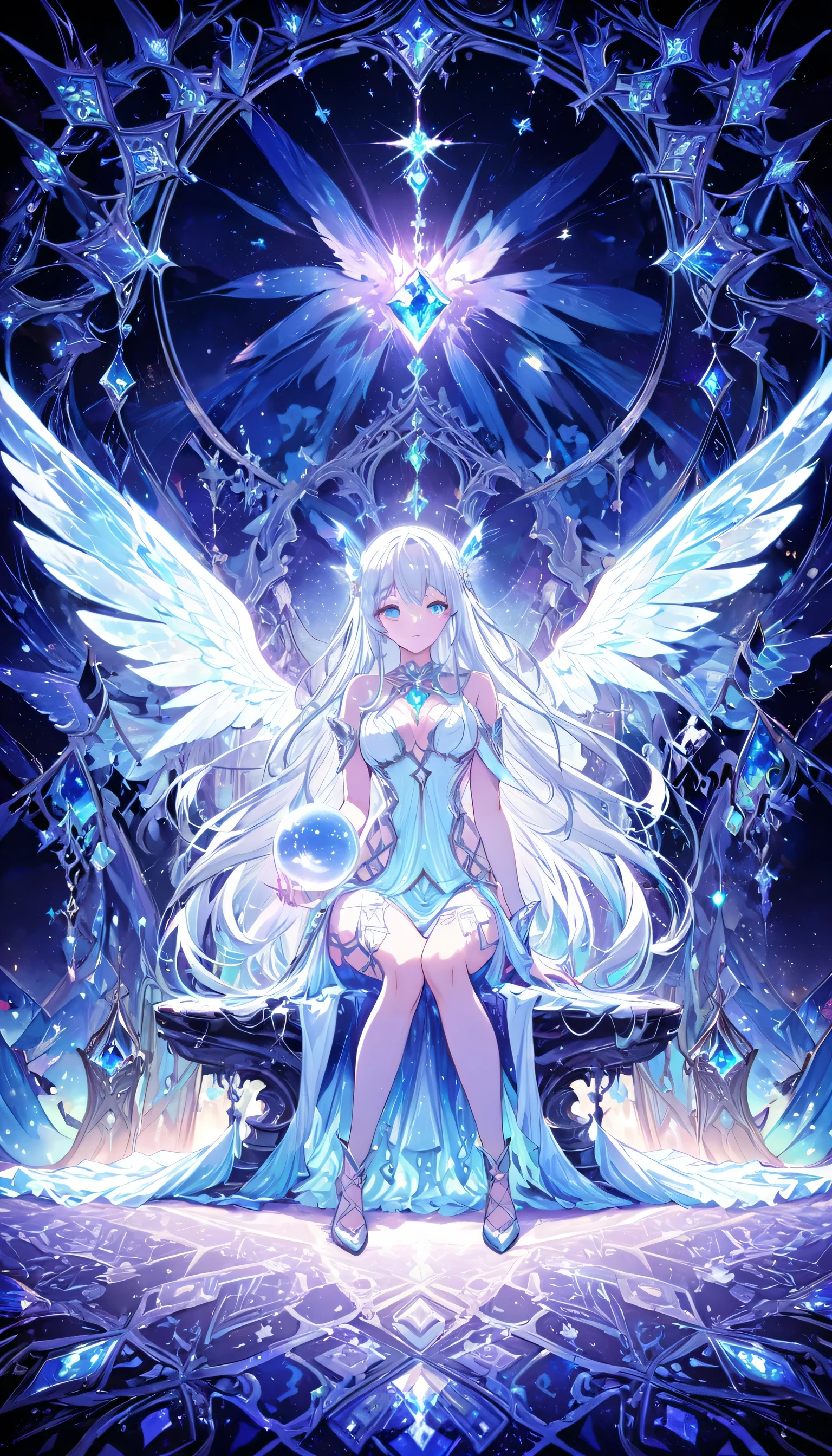 High resolution,Moon Goddess,Artemis,Silver Hair,Long Hair,goddess outfit, Bright colors, Dreamy atmosphere, Captivating eyes, Mysterious Shadow, Unfairly Beautiful, Close-up shot, Fascinating patterns, Magical Expressions, Mysterious atmosphere, Whimsical poses, Great lighting, Intricate details, Fantastic scene, Captivating beauty, Mysterious colors, Attractive composition, Enchanting Magic, Enigmatic charm, Dreamlike quality, Fascinating colors, magical transformation, Enchanting Dreams,Sitting,White Throne,He has a big shiny crystal ball,Fractal Art,