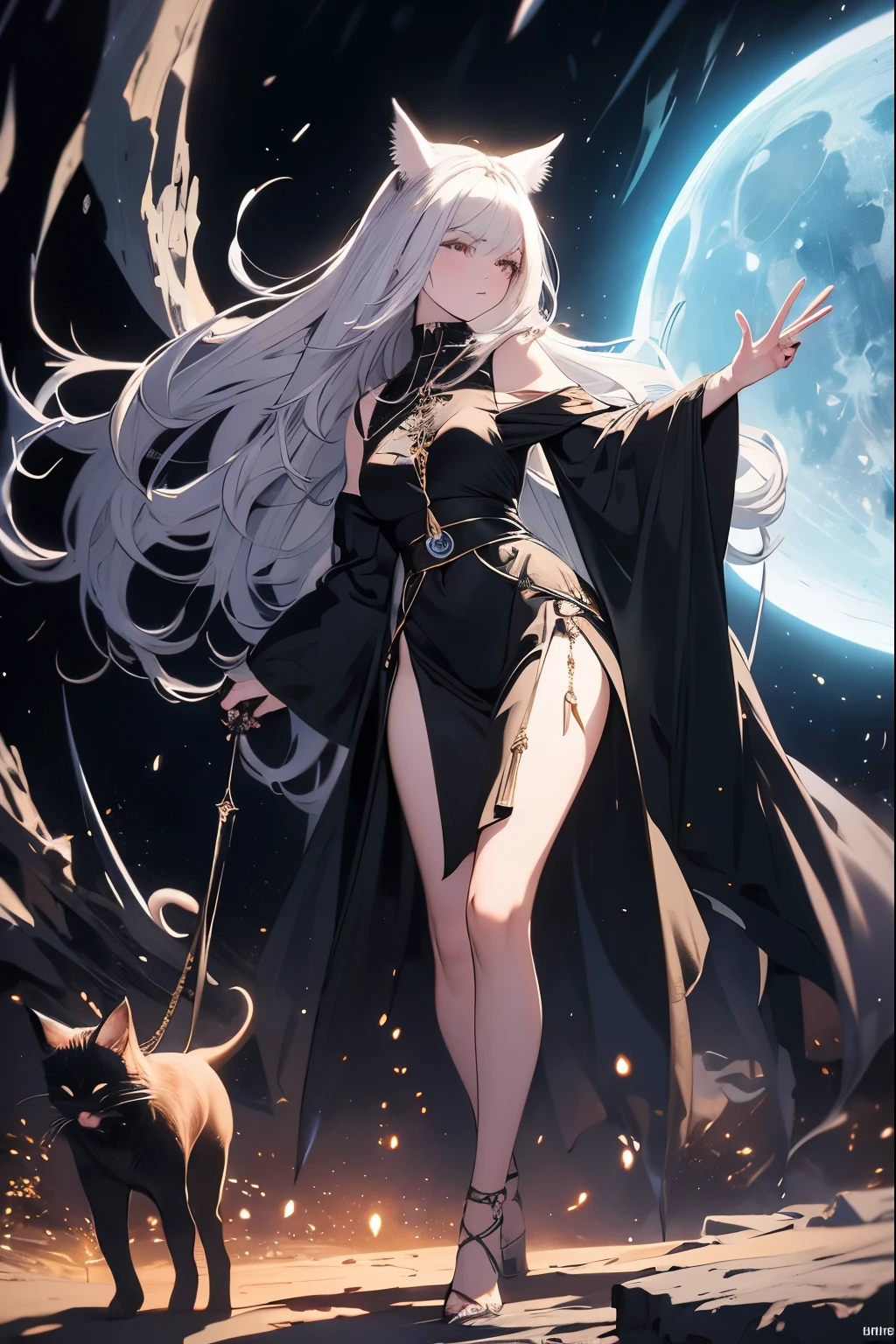 masterpiece, highest quality,Ultra-high resolution, (realism: 1.4),Best illustrations,Line art,Very condensed adult female,Delicate and beautiful features,Long, narrow eyes,Arrogant look,Glare,Silver Hair,Dog ears,tail,Fantasy,The background is a full moon and wilderness,wide aperture,Unreal 5,Scattered beneath the surface,Low angle full body shot